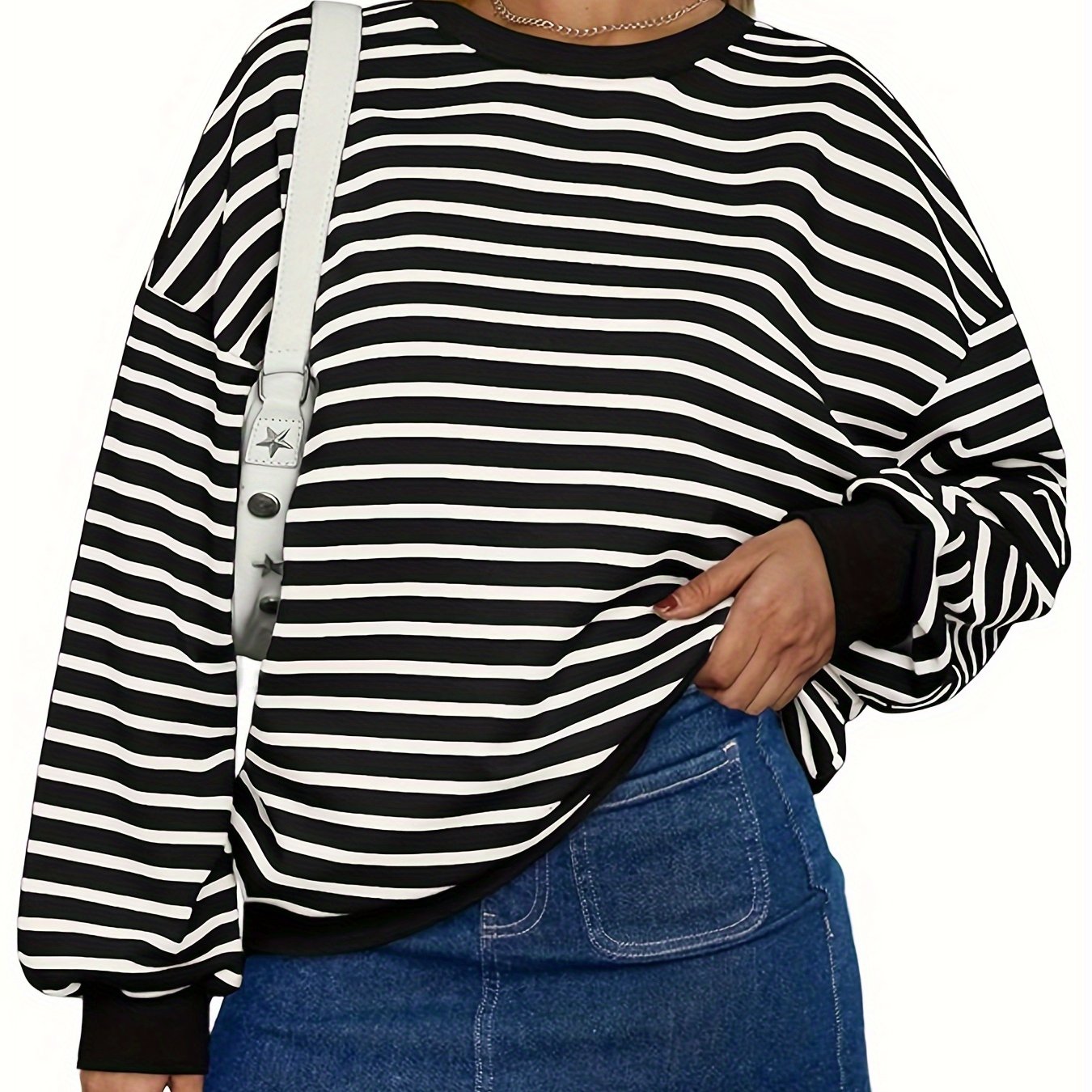 Casual Pullover Top for Women Featuring a Striped Oversized Design, Long Sleeves, And a Crewneck Hoodie, Inspired by Y2K Fashion.