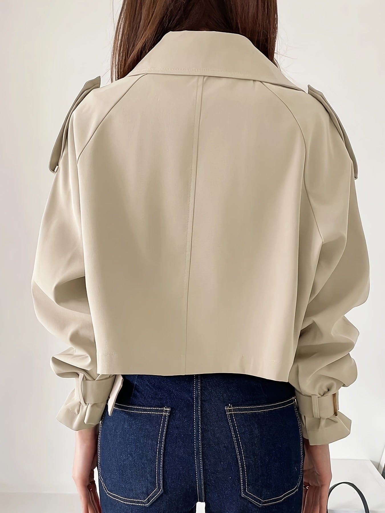 Women'S Chic Beige Double-Breasted Short Jacket with Puff Sleeves & Adjustable Cuffs - Casual Spring\u002FFall Outerwear, Button-Up Front, Solid Color, Spring Outerwear, Structured Design, Durable Fabric