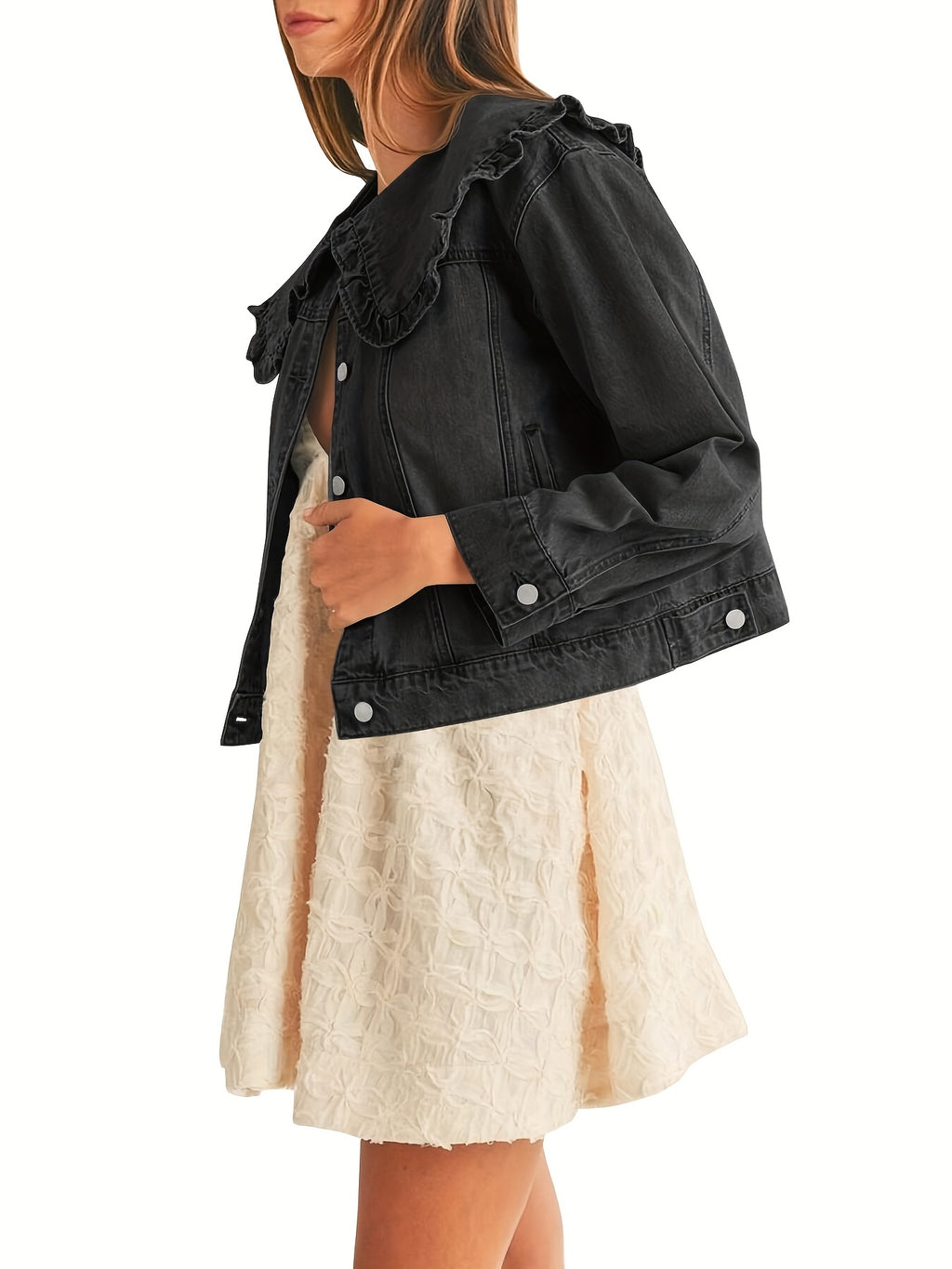 Casual Denim Jacket Denim Women's Casual Loose Fit Jean Jacket with Pockets and Peter Pan Collar