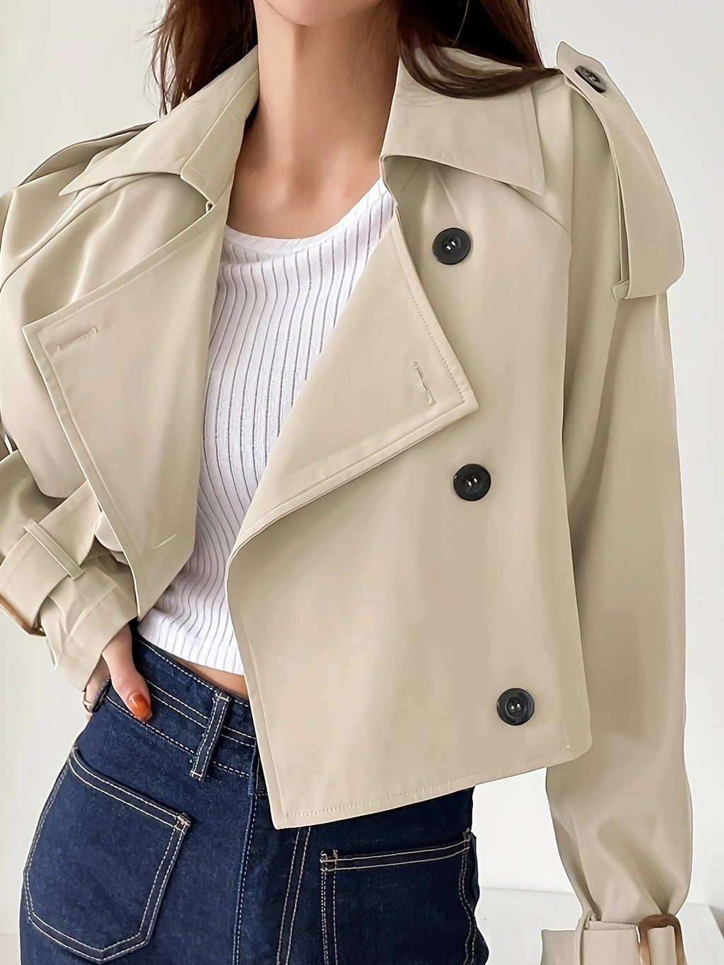 Women'S Chic Beige Double-Breasted Short Jacket with Puff Sleeves & Adjustable Cuffs - Casual Spring\u002FFall Outerwear, Button-Up Front, Solid Color, Spring Outerwear, Structured Design, Durable Fabric