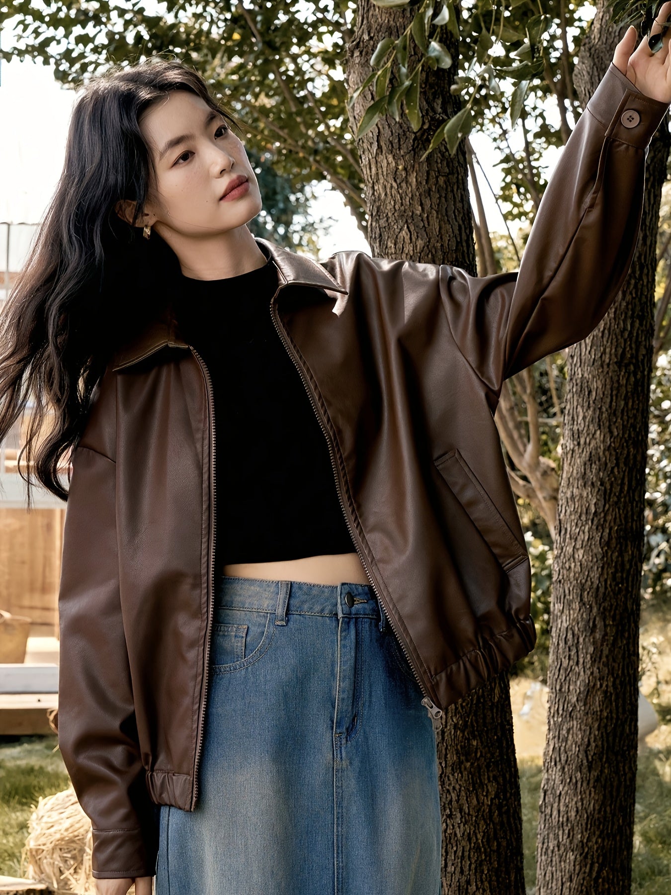 Women's Korean Retro Chic Stand Collar Zip-Up Jacket - Brown Casual Outerwear with Zippered Pockets, Loose Fit for Fall Winter Layering, Hand Wash Only