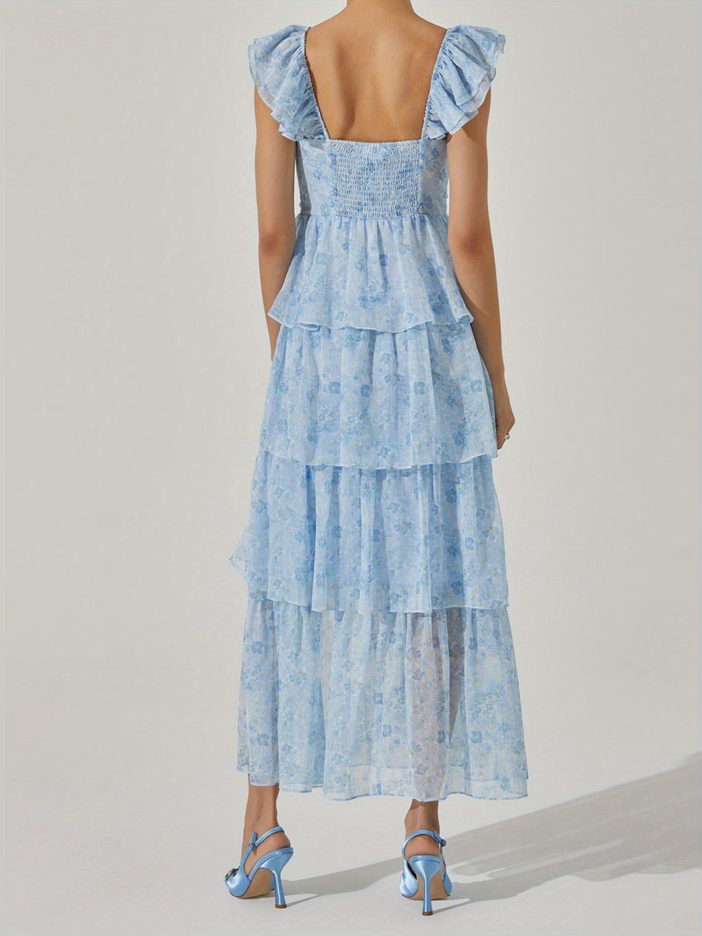 Women'S Floral Dress Stylish Multi-Layered Ruffles Split Cap Sleeve Long A-Line Dress for Spring Summer