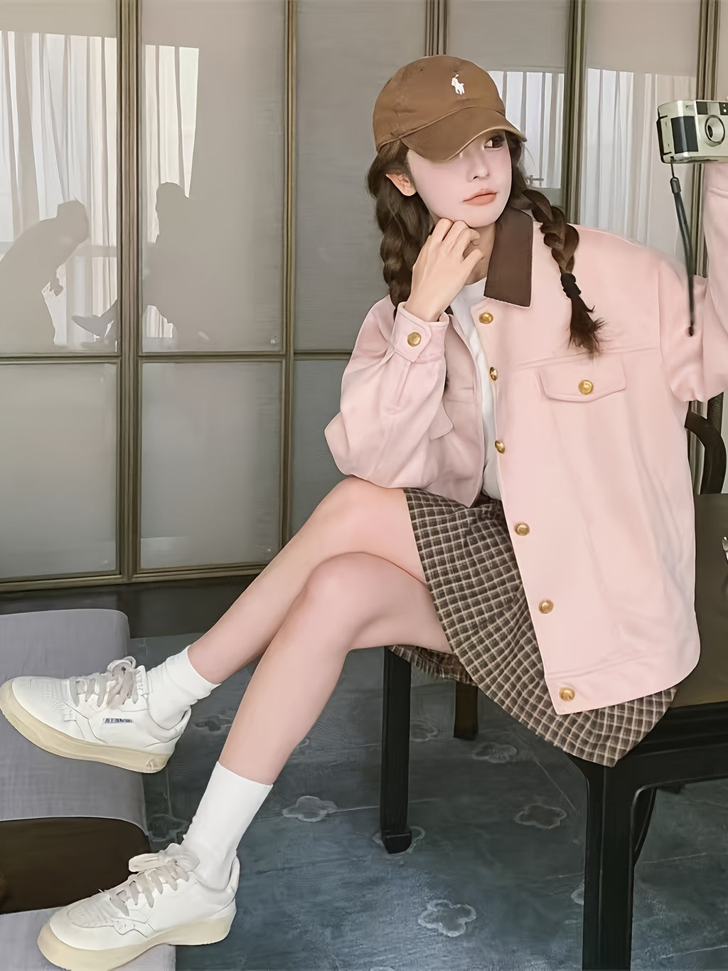 Pink Women's Casual Cargo Jacket - Loose Fit, Button-Up with Collar, Long Sleeve Outerwear for Spring & Fall, Retro Style, Polyester Material, Spring Jacket | Preppy Look | Golden Button Details