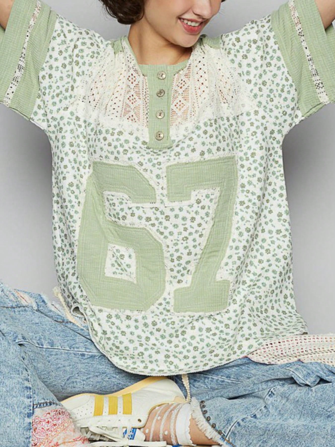 Womens Casual Vintage Athletic Chic Lace Trim Number Print Henley Top Sage Green Floral Short Sleeve Crew Neck Lightweight Breathable Spring Summer Daily Wear Loose Fit Streetwear