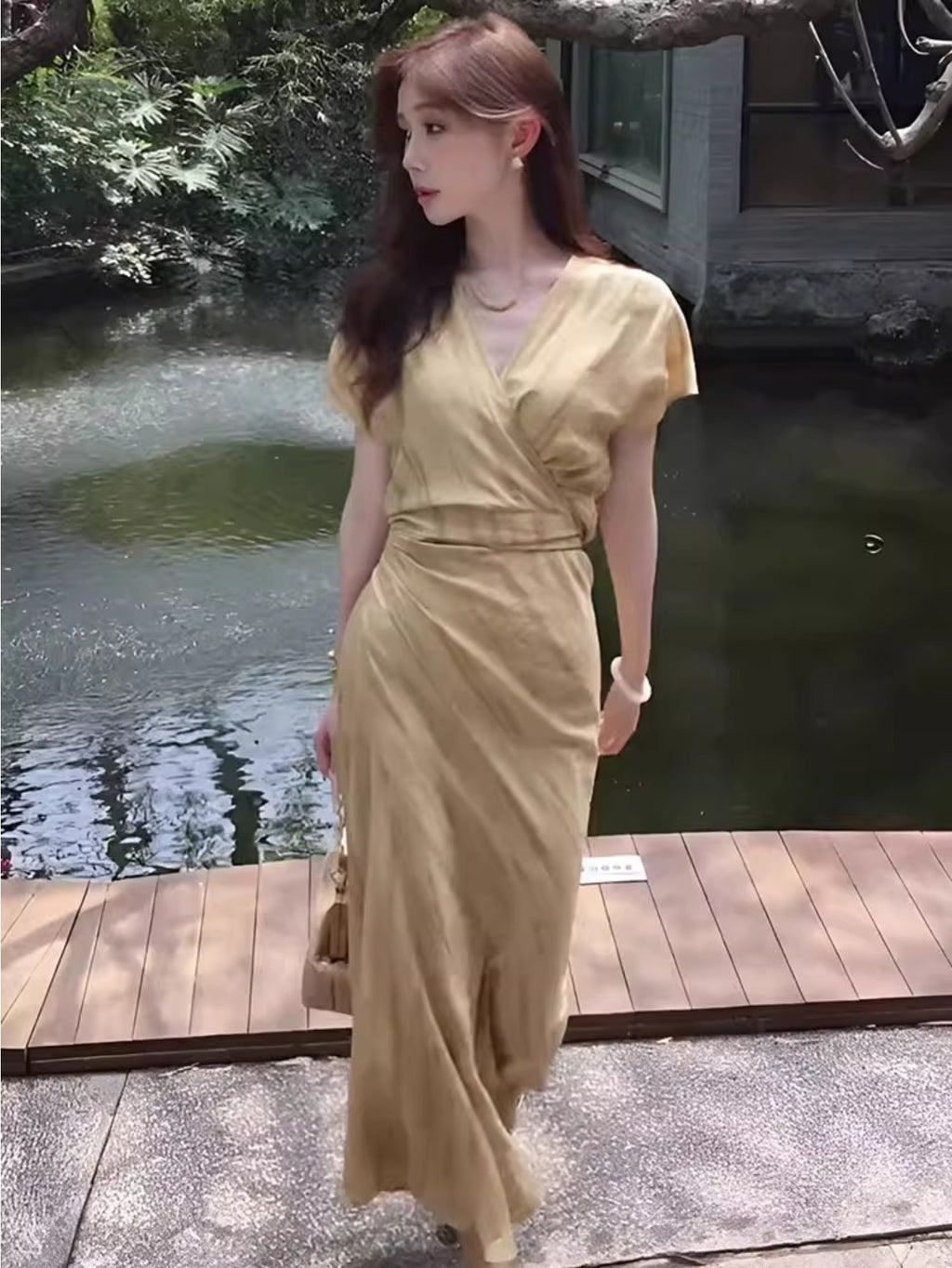 Elegant French-Inspired V-Neck Maxi Dress with Tie-Back Detail - Chic Beige Ruched Waist, Short Sleeves, Perfect for Summer 2025, Casual to Formal Wear, Casual Summer Dress | Tieback Detail Dress | Ruched Waist Design