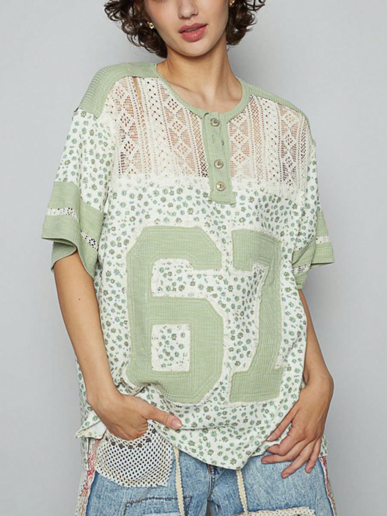 Womens Casual Vintage Athletic Chic Lace Trim Number Print Henley Top Sage Green Floral Short Sleeve Crew Neck Lightweight Breathable Spring Summer Daily Wear Loose Fit Streetwear