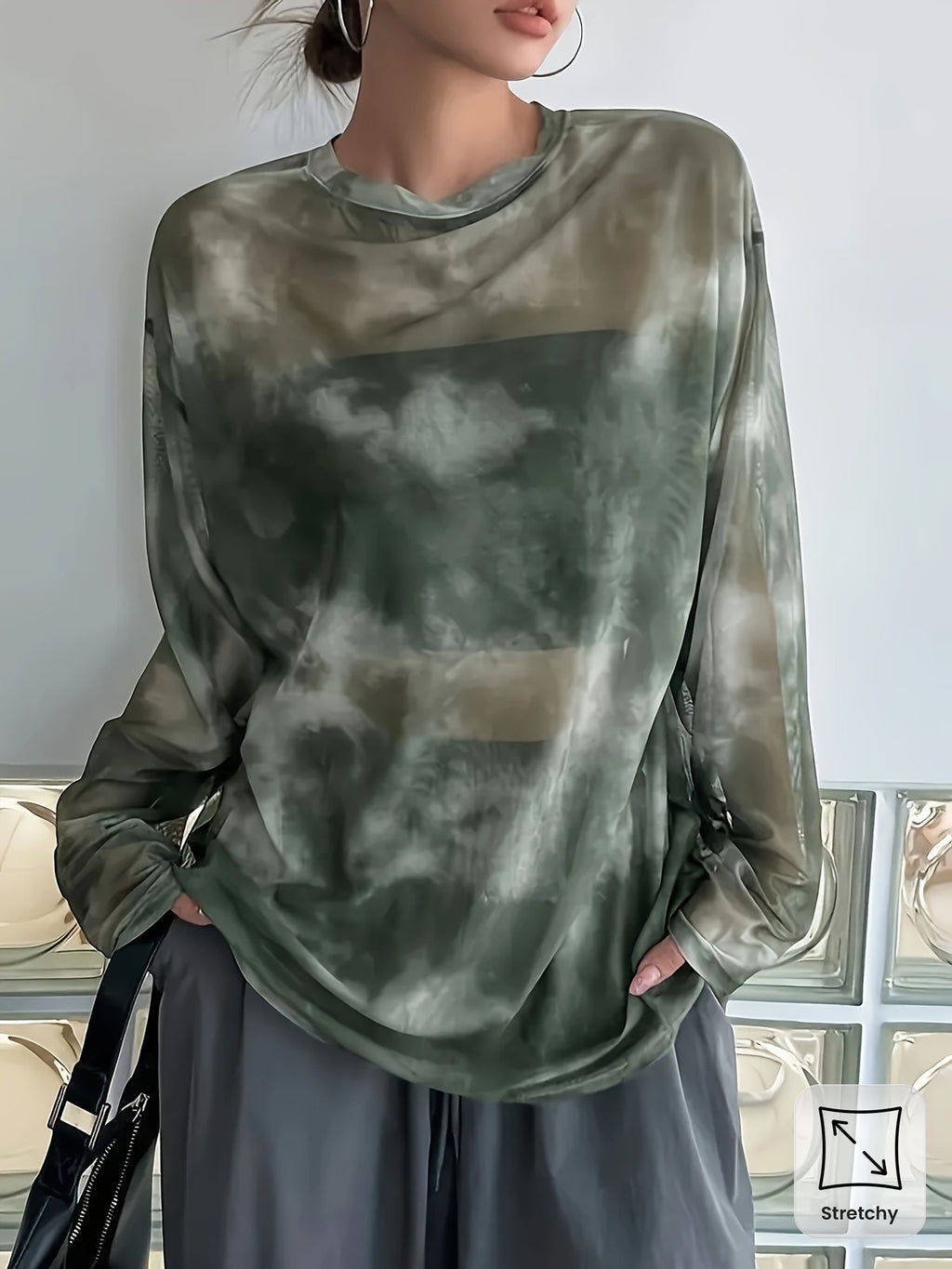 Plus Size Women's Sheer Mesh Long Sleeve T-Shirt - Elegant Tie-Dye Print Loose Fit Round Neck Top, Breathable Stretchy Fabric for All-Season Casual & Formal Wear, Allseason Apparel, Tie Dye Fashion, Semitransparent Material