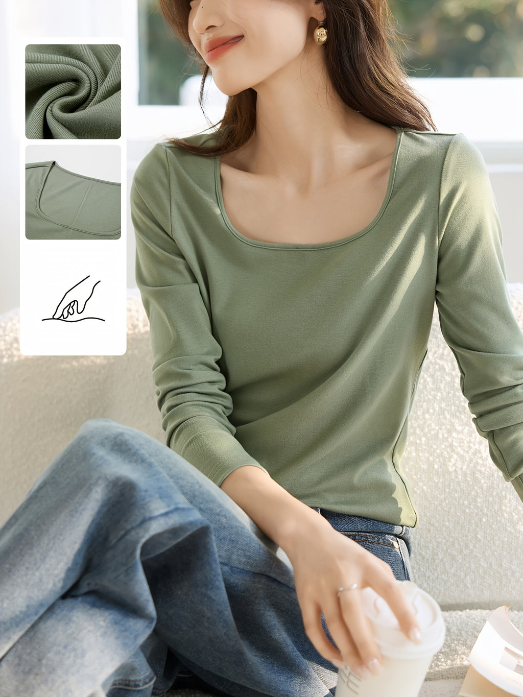 MOHOMO Women'S Square Neck Long Sleeve Top - Olive Green, Ribbed Texture, Non-Stretch Fabric, Perfect for Spring\u002FSummer\u002FFall, Casual & Commuter Wear, Casual Wear Top | Square Neckline Top | Construction, Ladies T Shirts