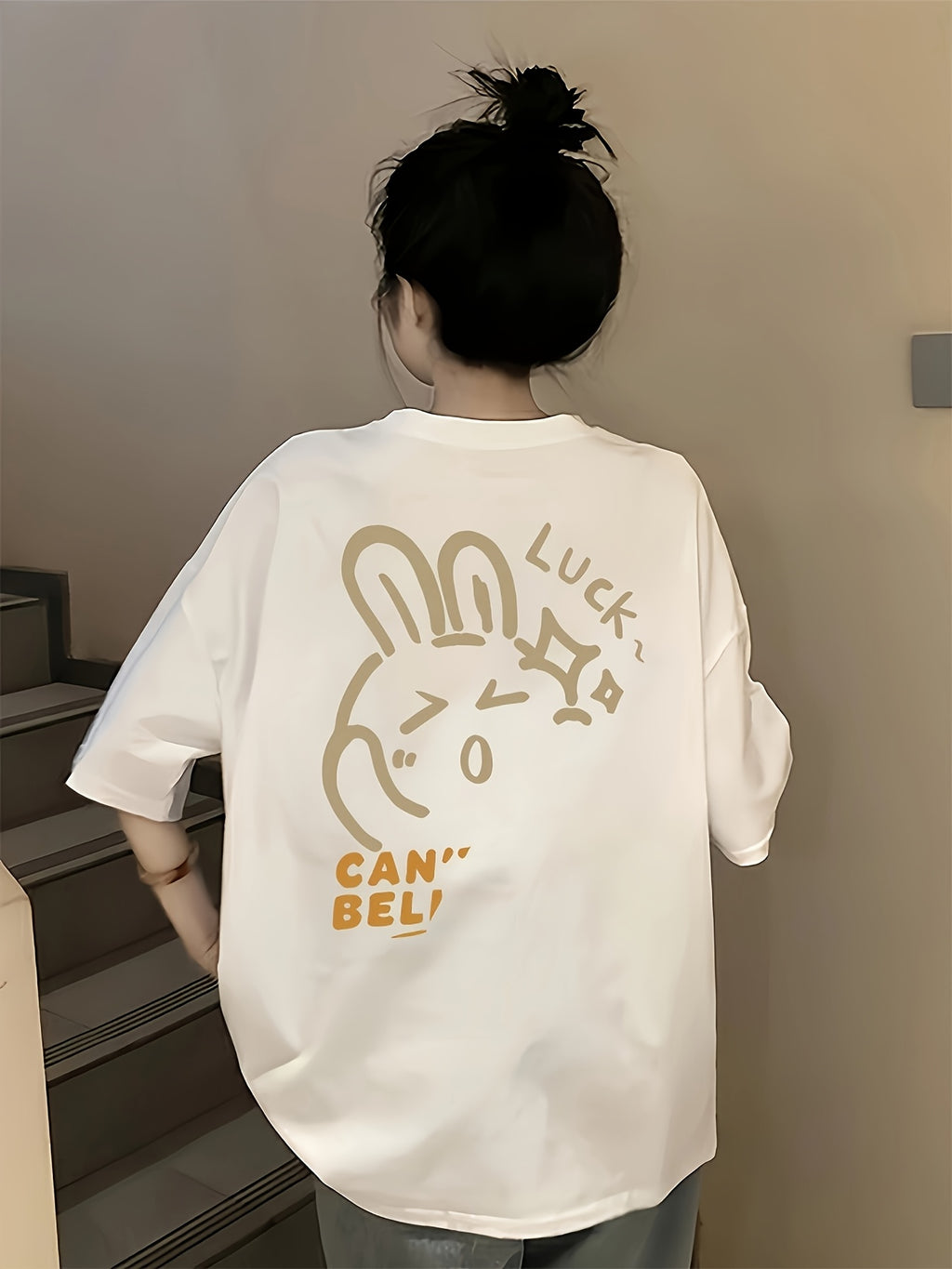 Plus Size, Plus Size Women's Oversized T-Shirt - Cute Cartoon Rabbit & \