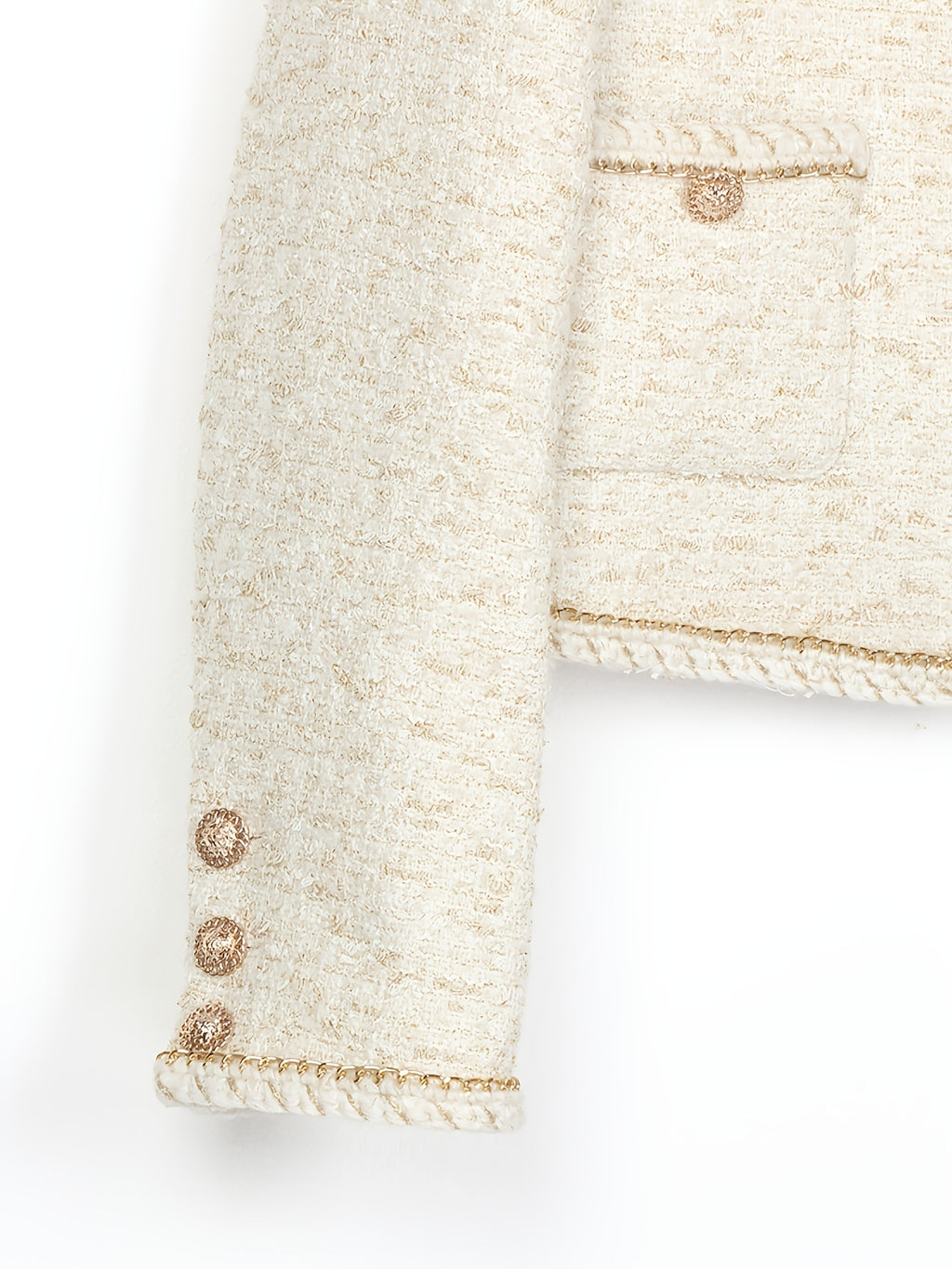 Heavy Industry Three-dimensional Golden Chain Round Neck Jacket Milk White Lady Short Top Fashionable Versatile Jacket 25189