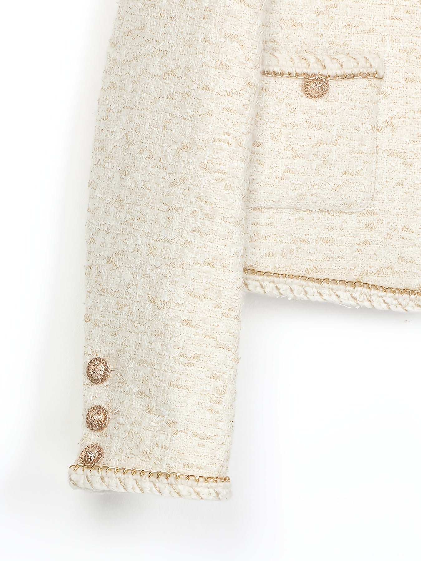 Heavy Industry Three-dimensional Golden Chain Round Neck Jacket Milk White Lady Short Top Fashionable Versatile Jacket 25189