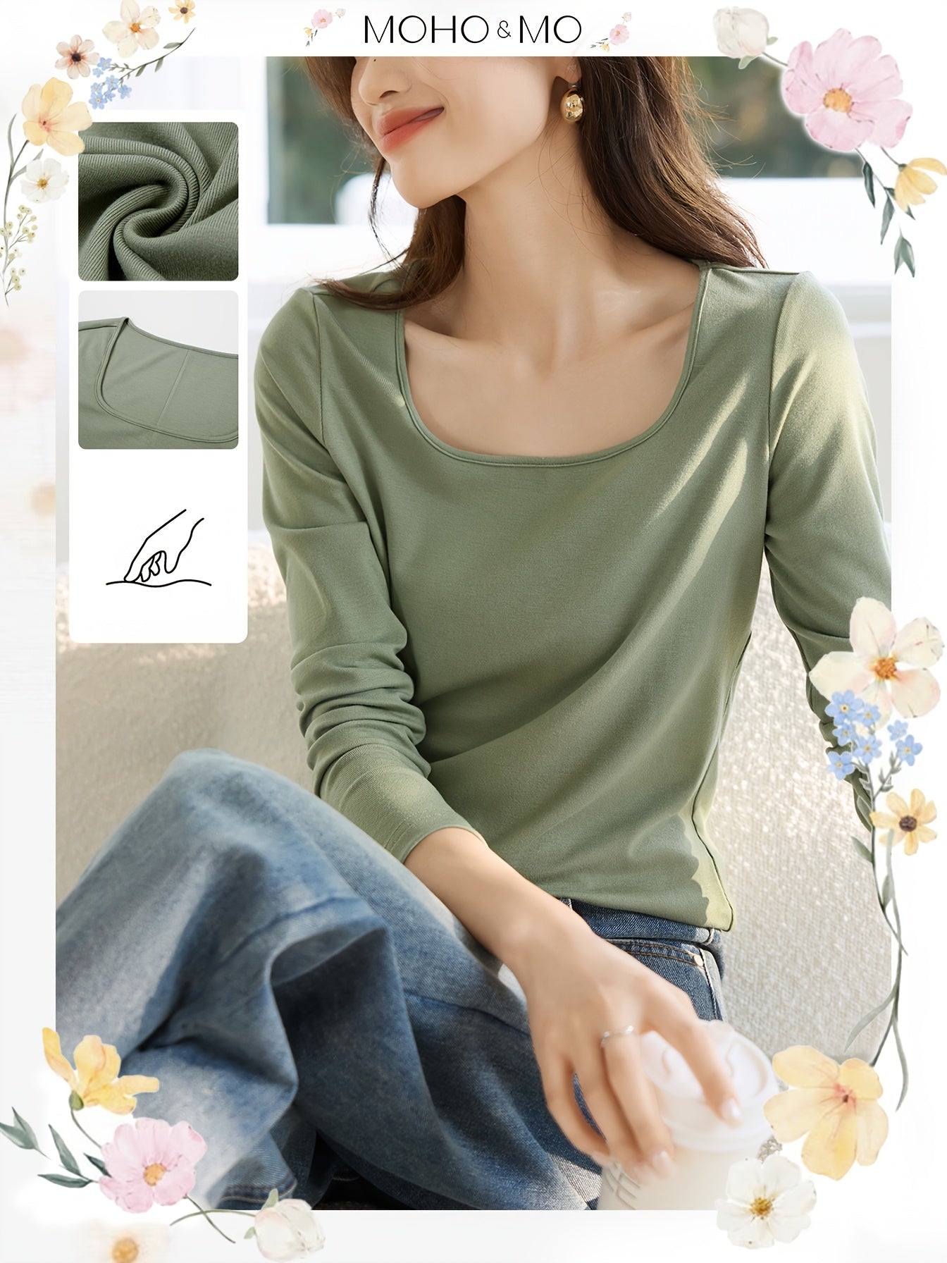 MOHOMO Women'S Square Neck Long Sleeve Top - Olive Green, Ribbed Texture, Non-Stretch Fabric, Perfect for Spring\u002FSummer\u002FFall, Casual & Commuter Wear, Casual Wear Top | Square Neckline Top | Construction, Ladies T Shirts