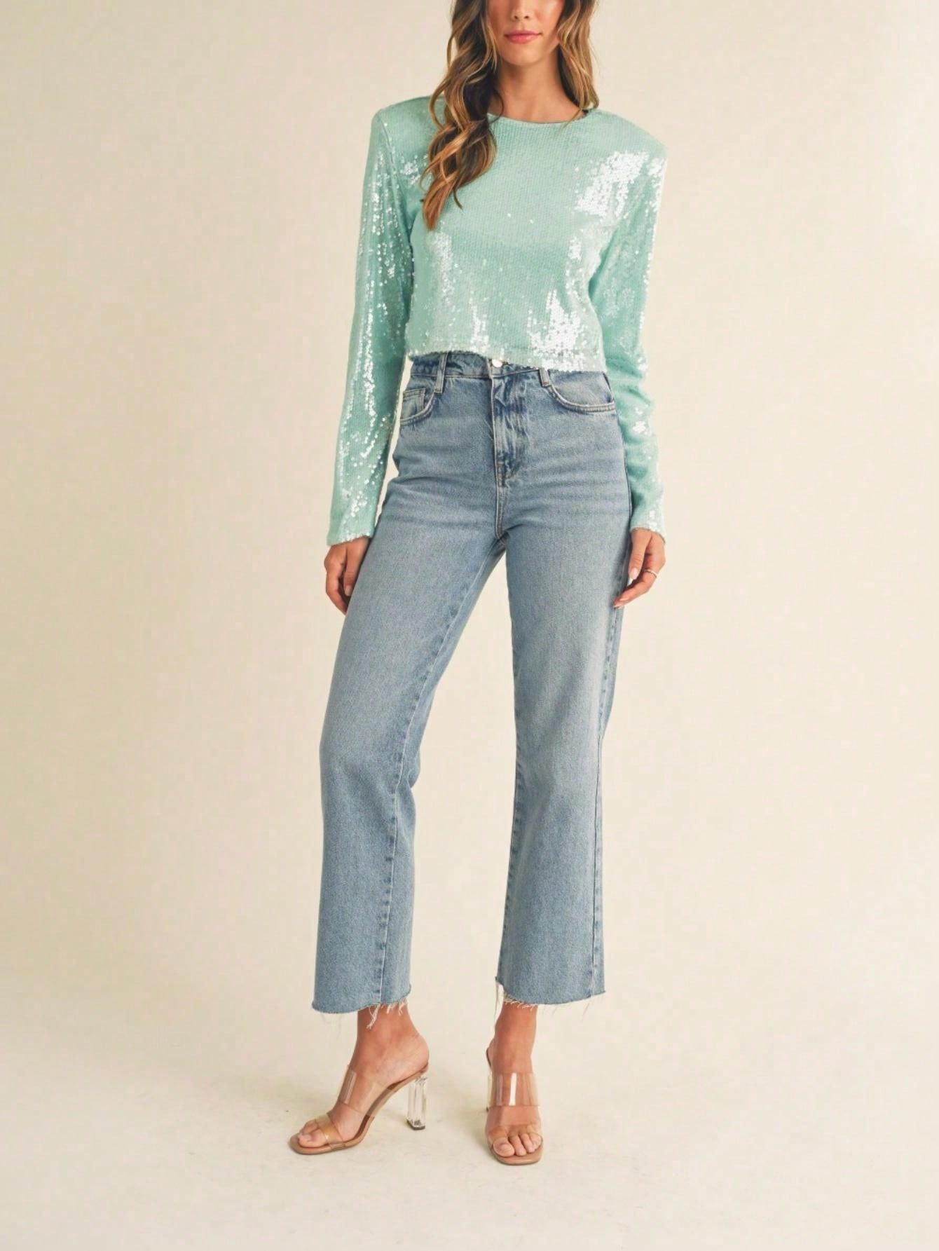 Women's Casual T-Shirt Retro Shoulder Padded Sequin Crop Top Mint Long Sleeve Crew Neck Pullover Perfect For Spring\u002FFall Glamorous Partywear Special Occasions