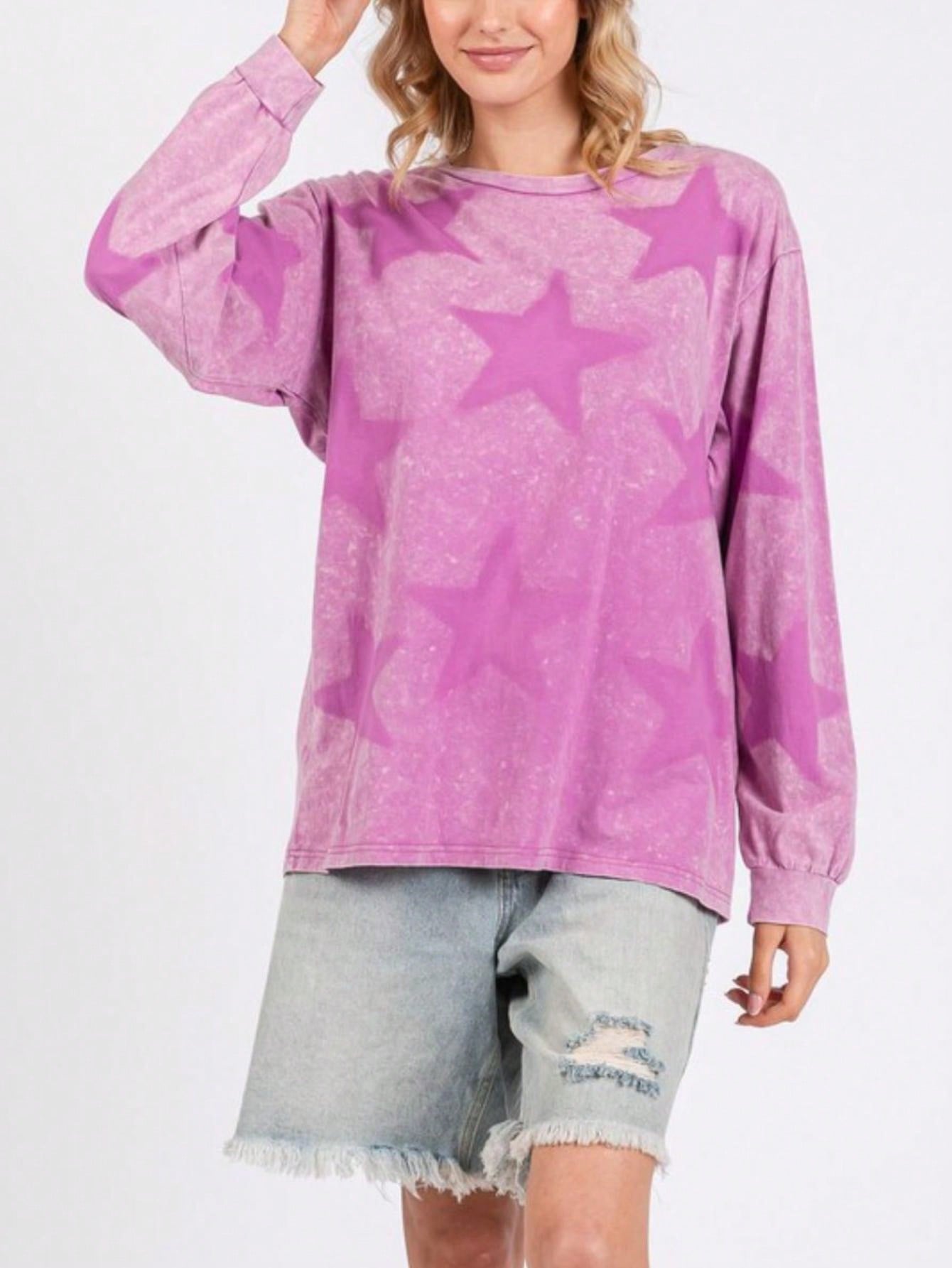 Womens Casual Streetwear Chic Oversized Star Print Sweatshirt Long Sleeve Pullover Pink Washed Vintage Effect Round Neck Relaxed Fit Fall Winter Weekend Top