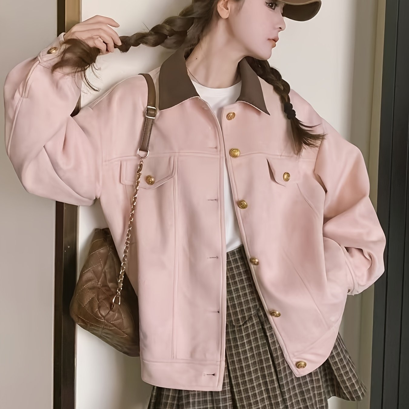 Pink Women's Casual Cargo Jacket - Loose Fit, Button-Up with Collar, Long Sleeve Outerwear for Spring & Fall, Retro Style, Polyester Material, Spring Jacket | Preppy Look | Golden Button Details