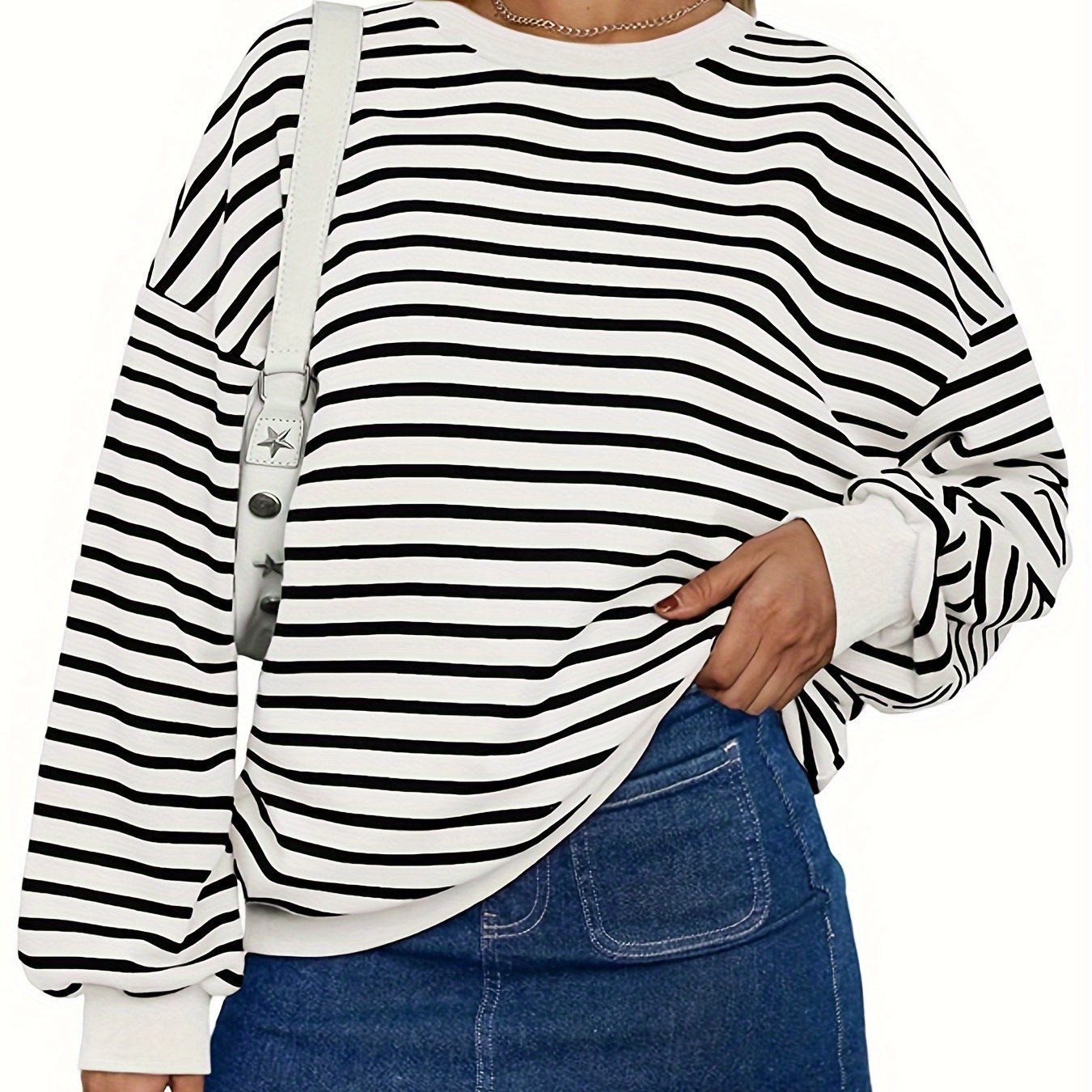 Casual Pullover Top for Women Featuring a Striped Oversized Design, Long Sleeves, And a Crewneck Hoodie, Inspired by Y2K Fashion.