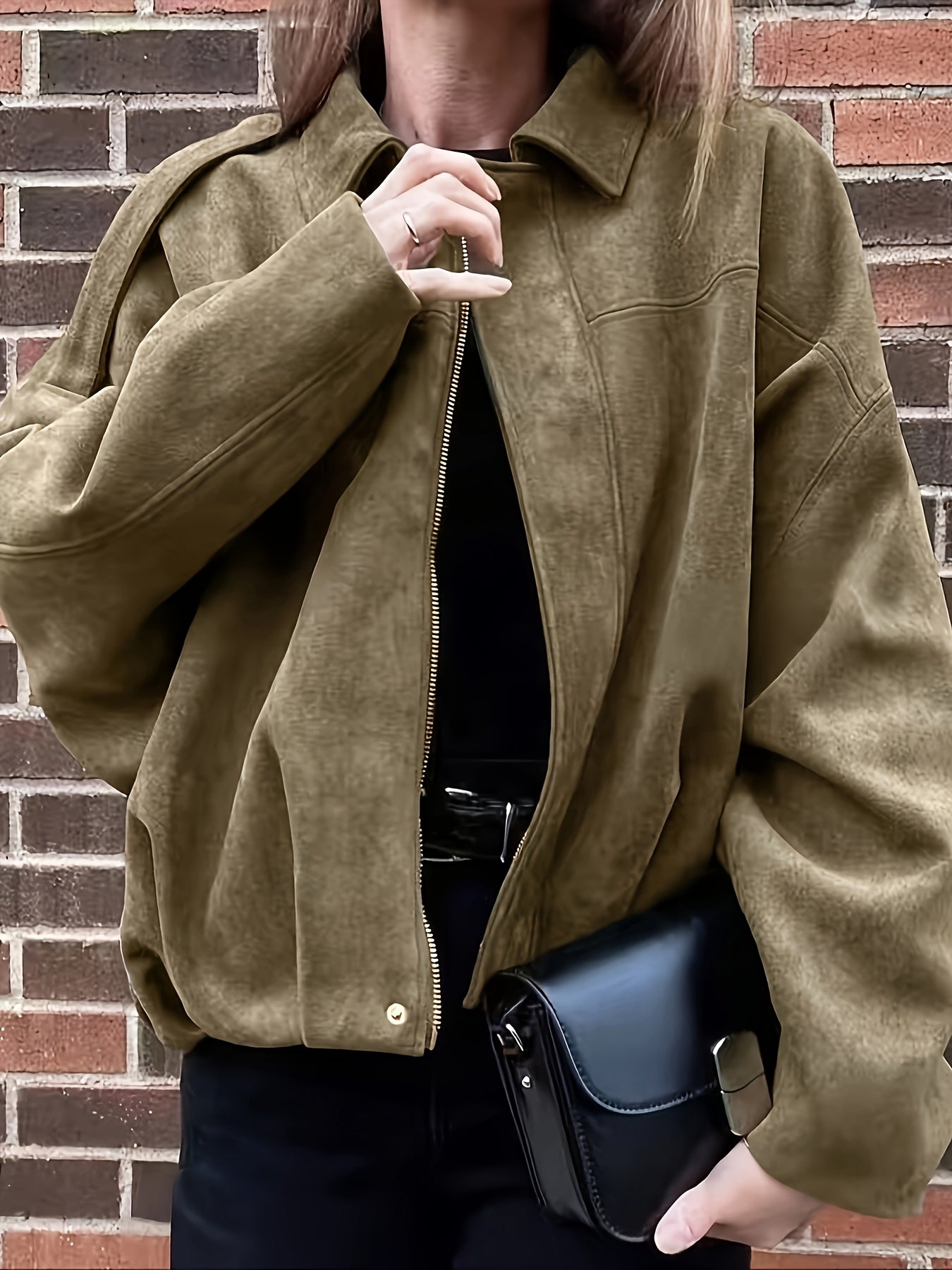 Women's Olive Jacket Olive Green Women's Casual Jacket | Loose Fit, Zip-Up with Button Details, Long Sleeves, Perfect for Spring\u002FFall, Casual Outerwear