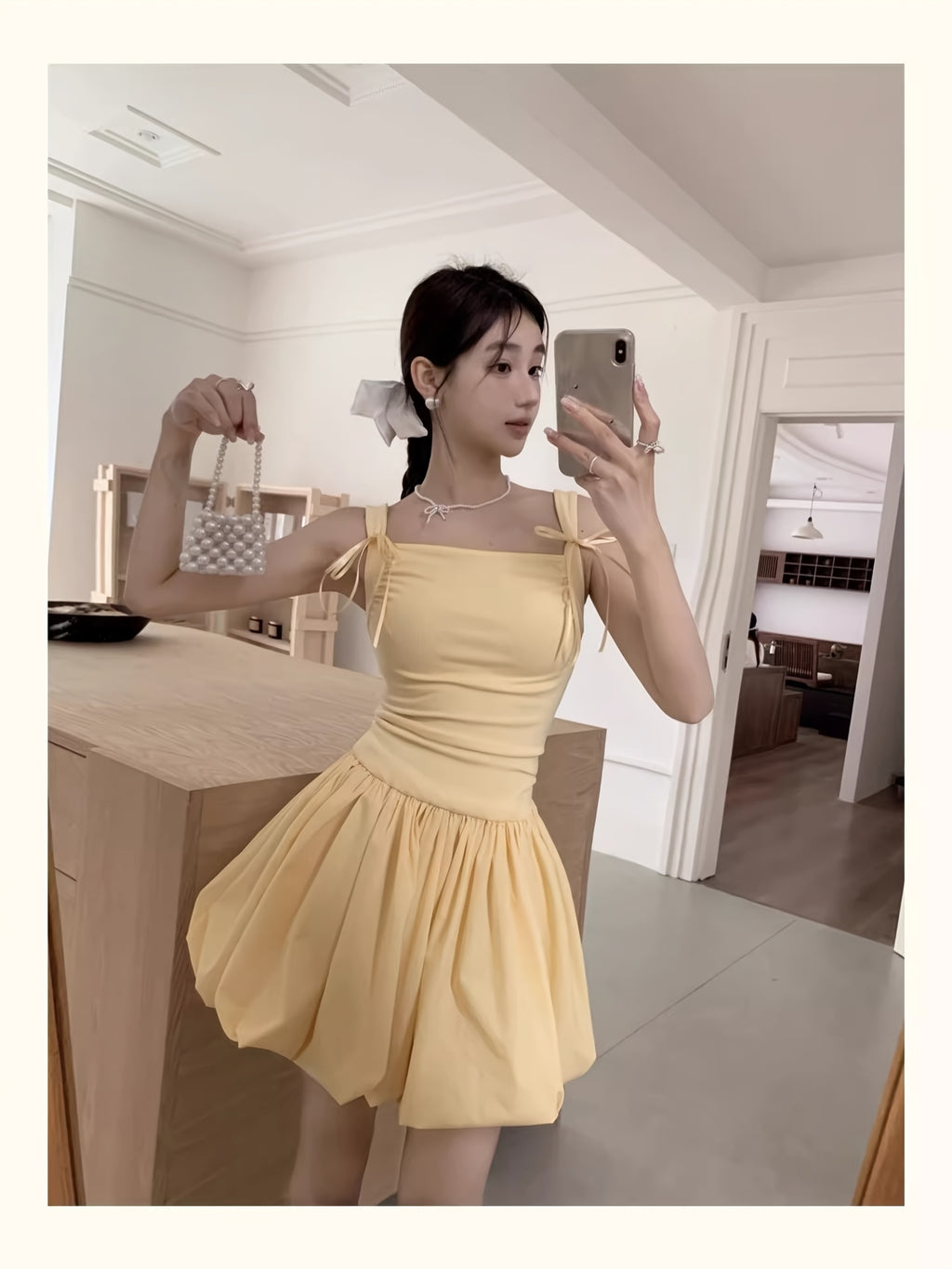 Women's Mustard Yellow Sweet Summer Dress - Off-Shoulder Spaghetti Strap A-Line Flared Skirt with Bow Accents, Lightweight Semi-Sheer Machine Washable Casual to Semi-Formal Outfit, Offshoulder Fashion, Flowy Texture, Delicate Fabric