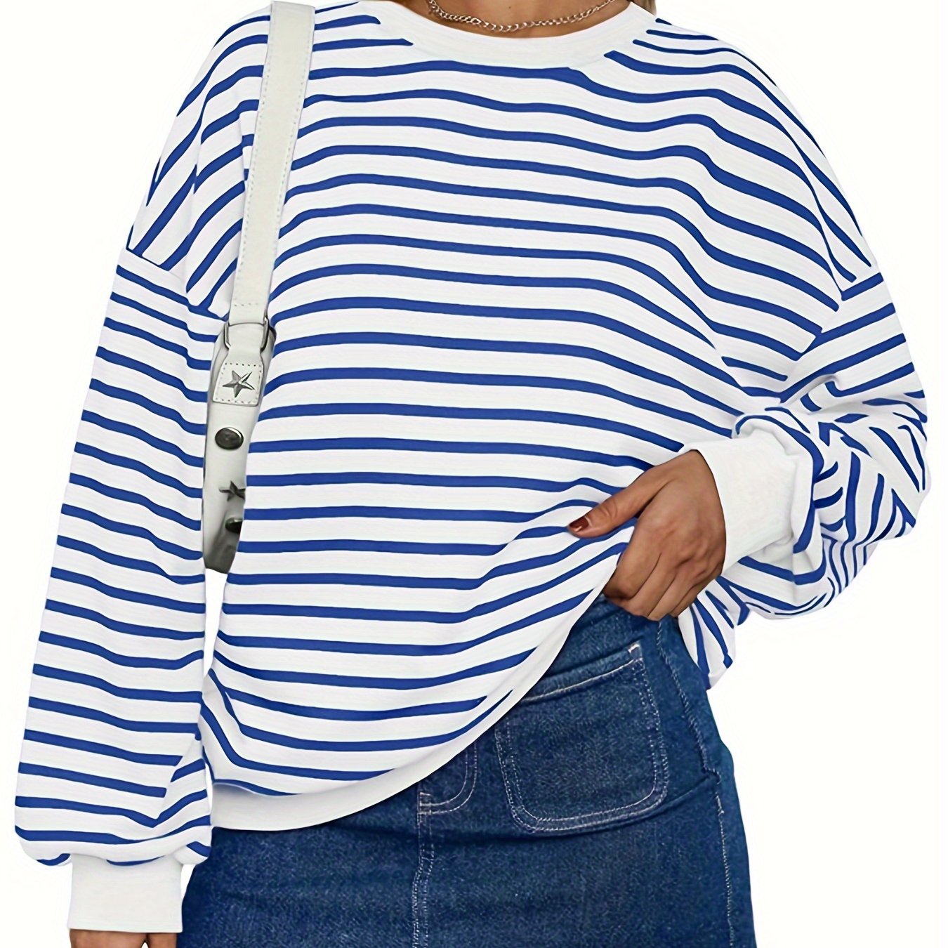 Casual Pullover Top for Women Featuring a Striped Oversized Design, Long Sleeves, And a Crewneck Hoodie, Inspired by Y2K Fashion.
