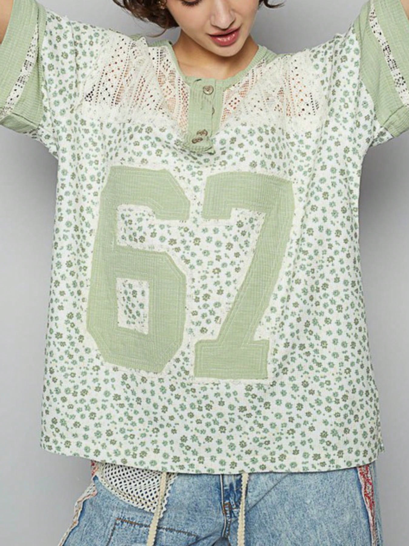 Womens Casual Vintage Athletic Chic Lace Trim Number Print Henley Top Sage Green Floral Short Sleeve Crew Neck Lightweight Breathable Spring Summer Daily Wear Loose Fit Streetwear