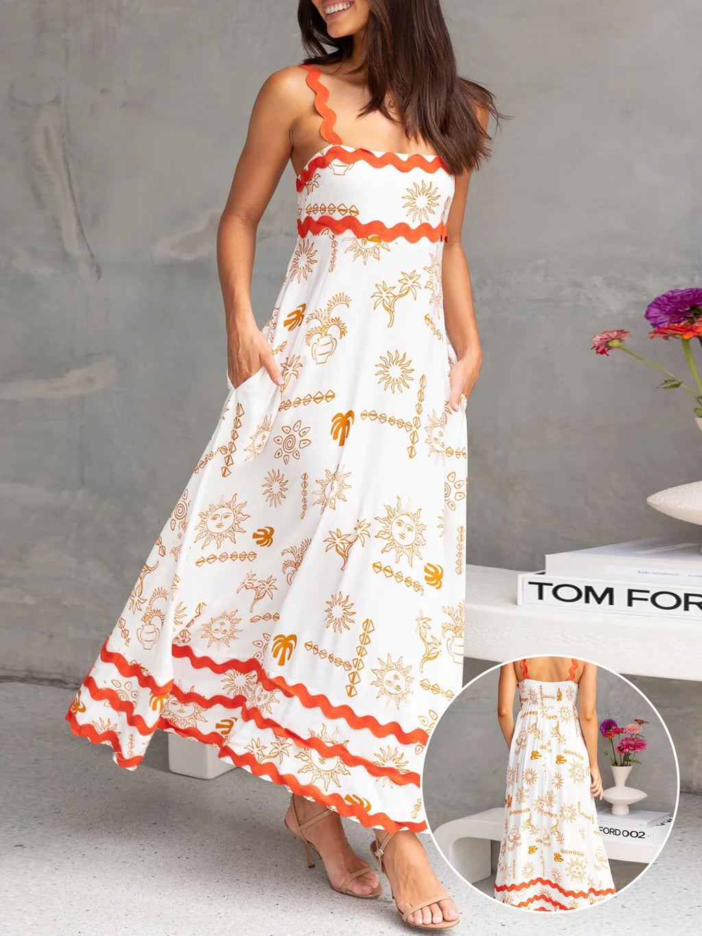 Women'S Casual Polyester Spandex Maxi Dress, Sleeveless Floral and Seafood Print Swing Dress, with Scalloped Hem, for Spring\u002FSummer - Woven Adult Skater Dress with Vest Collar