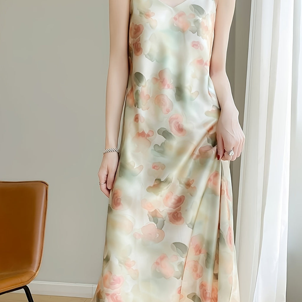 New Summer Style V-Neck Satin Printed Mid-Length Slip Dress for Women, Featuring a Slim Fit And Made of for a Sexy Look.