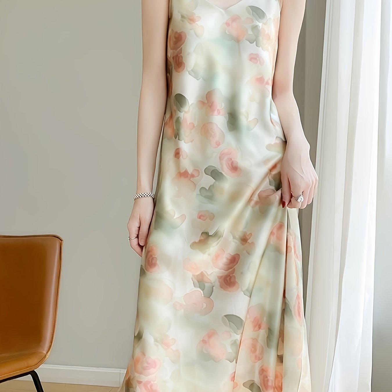 New Summer Style V-Neck Satin Printed Mid-Length Slip Dress for Women, Featuring a Slim Fit And Made of for a Sexy Look.