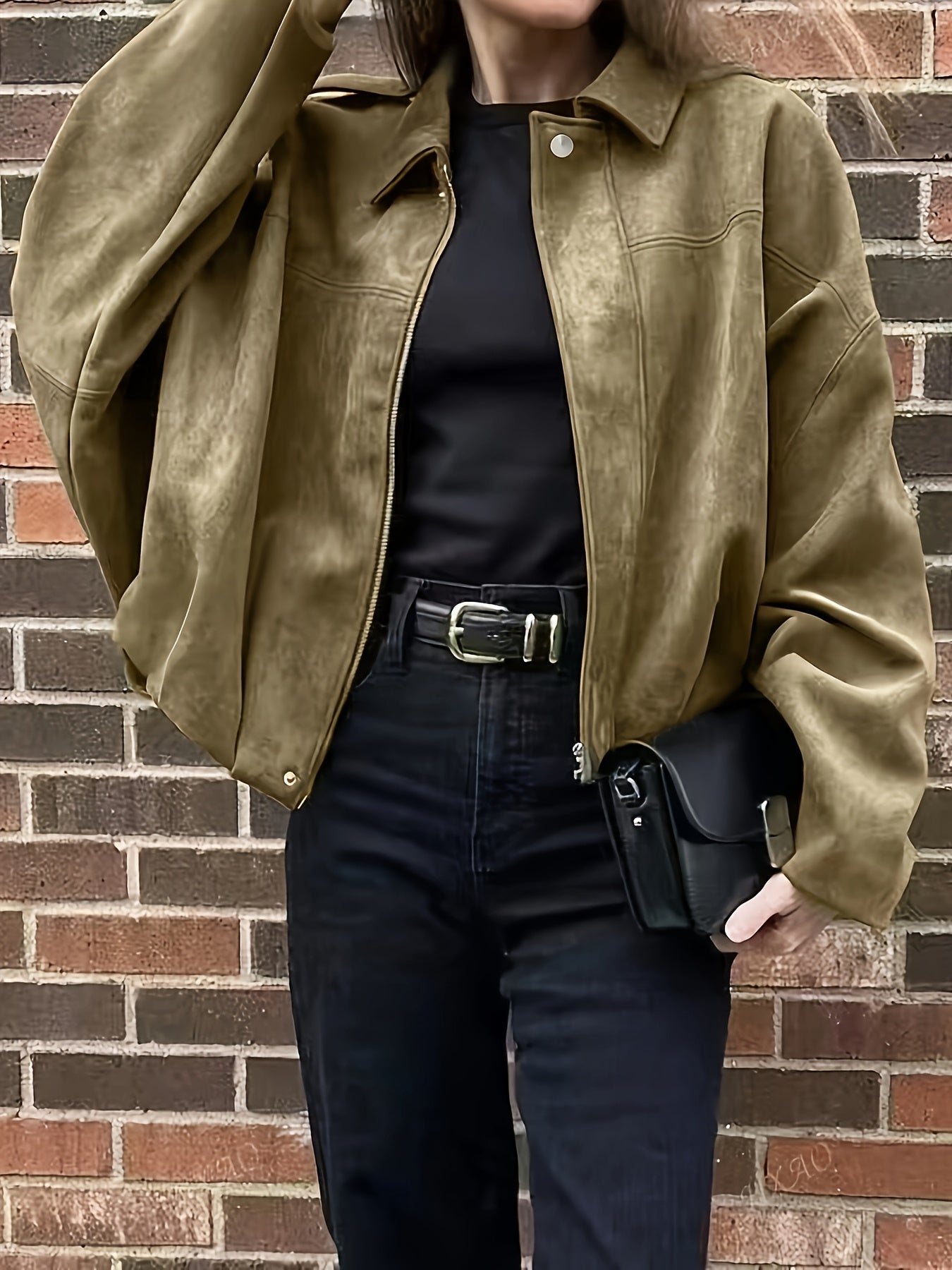 Women's Olive Jacket Olive Green Women's Casual Jacket | Loose Fit, Zip-Up with Button Details, Long Sleeves, Perfect for Spring\u002FFall, Casual Outerwear