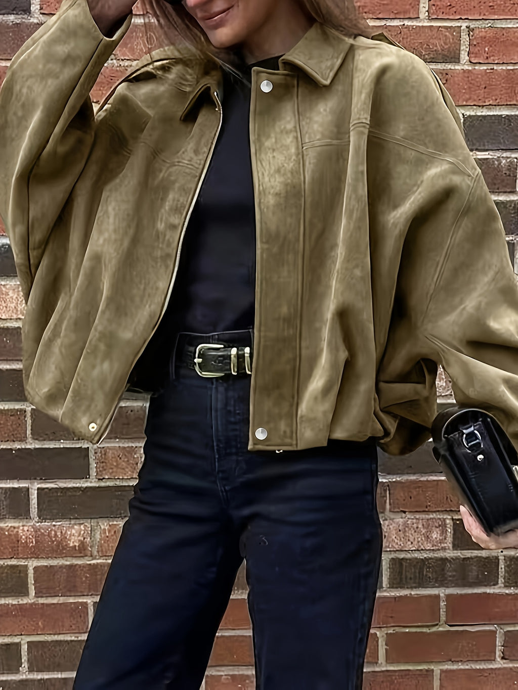 Women's Olive Jacket Olive Green Women's Casual Jacket | Loose Fit, Zip-Up with Button Details, Long Sleeves, Perfect for Spring\u002FFall, Casual Outerwear