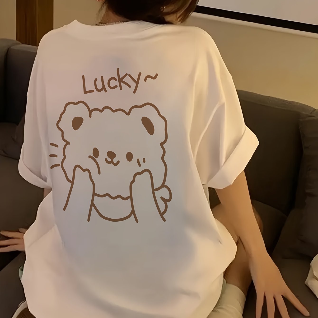 Women'S Plus Size Short Sleeve T-Shirt - Cute Bear Design, Loose Fit, Solid Color, Casual Top for Spring\u002FSummer, Fall, Casual Attire|Playful Print|Loose Fit To
