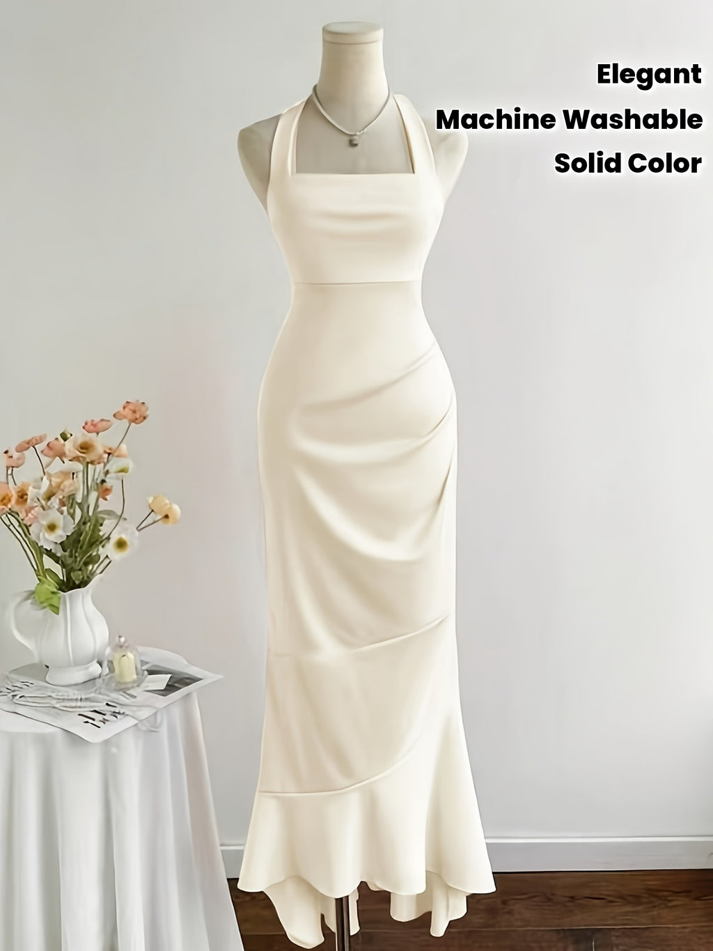 Women's Elegant Halter Neck Mermaid Dress with Ruched Waist & Back Tie Detail - Solid Color Fitted Silhouette, Medium Stretch, Machine Washable for Spring Summer Fall, Cocktail Attire, Stretchy Fabric, Trendy Outfit