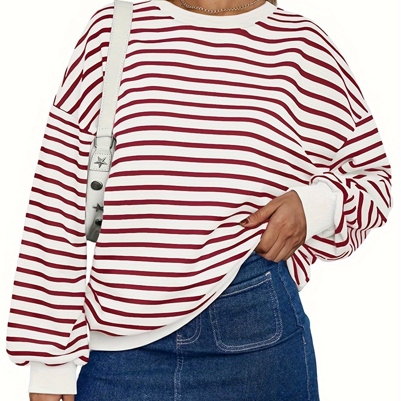 Casual Pullover Top for Women Featuring a Striped Oversized Design, Long Sleeves, And a Crewneck Hoodie, Inspired by Y2K Fashion.