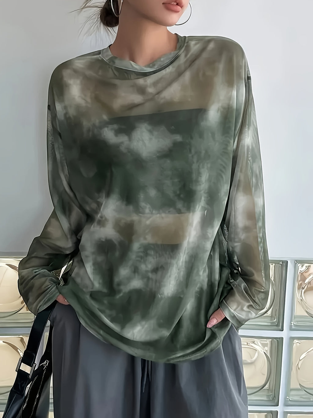 Plus Size Women's Sheer Mesh Long Sleeve T-Shirt - Elegant Tie-Dye Print Loose Fit Round Neck Top, Breathable Stretchy Fabric for All-Season Casual & Formal Wear, Allseason Apparel, Tie Dye Fashion, Semitransparent Material