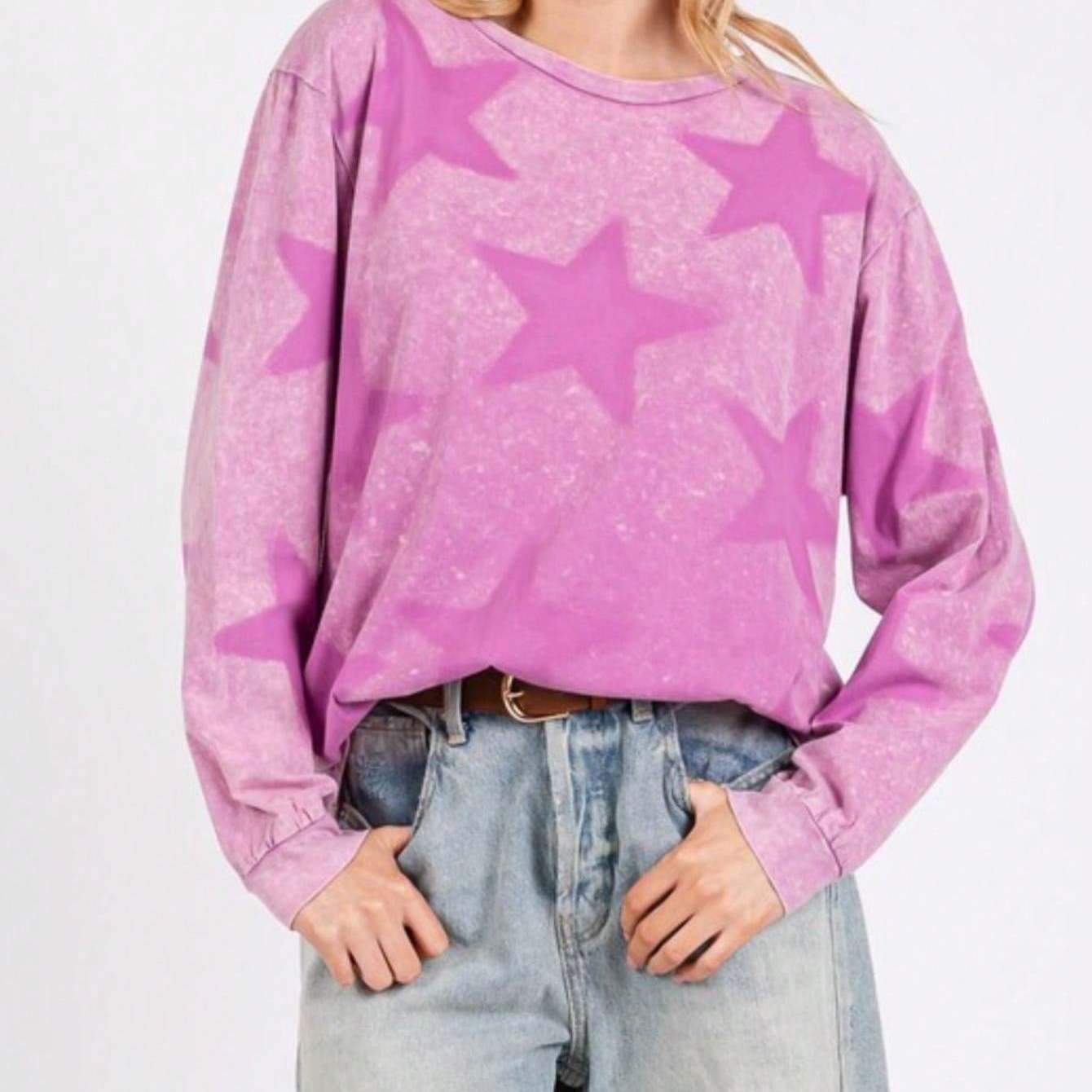 Womens Casual Streetwear Chic Oversized Star Print Sweatshirt Long Sleeve Pullover Pink Washed Vintage Effect Round Neck Relaxed Fit Fall Winter Weekend Top