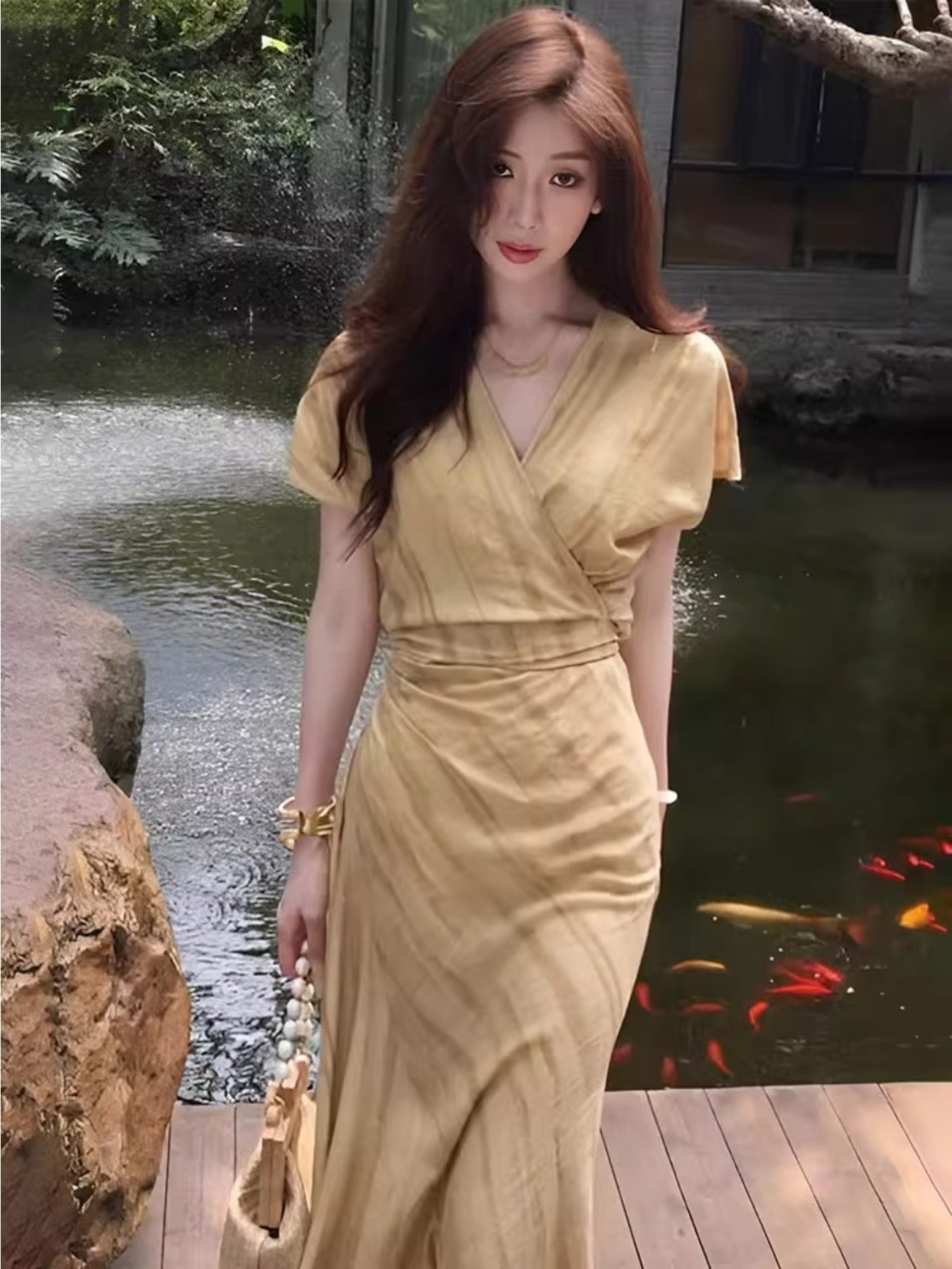 Elegant French-Inspired V-Neck Maxi Dress with Tie-Back Detail - Chic Beige Ruched Waist, Short Sleeves, Perfect for Summer 2025, Casual to Formal Wear, Casual Summer Dress | Tieback Detail Dress | Ruched Waist Design