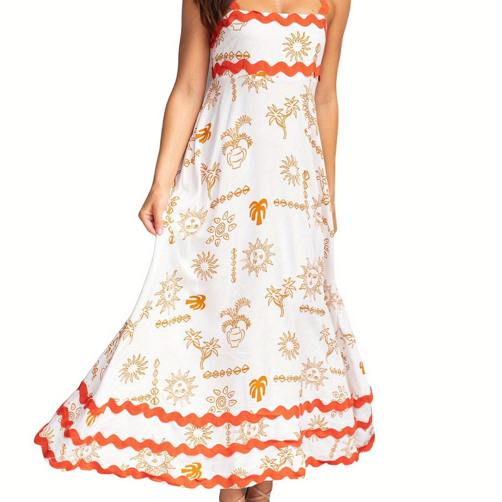 Women'S Casual Polyester Spandex Maxi Dress, Sleeveless Floral and Seafood Print Swing Dress, with Scalloped Hem, for Spring\u002FSummer - Woven Adult Skater Dress with Vest Collar