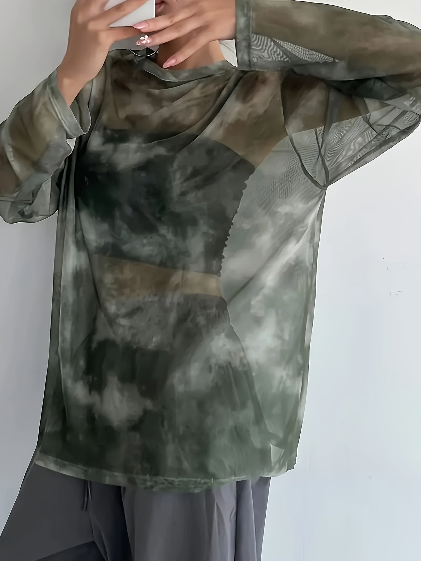 Plus Size Women's Sheer Mesh Long Sleeve T-Shirt - Elegant Tie-Dye Print Loose Fit Round Neck Top, Breathable Stretchy Fabric for All-Season Casual & Formal Wear, Allseason Apparel, Tie Dye Fashion, Semitransparent Material