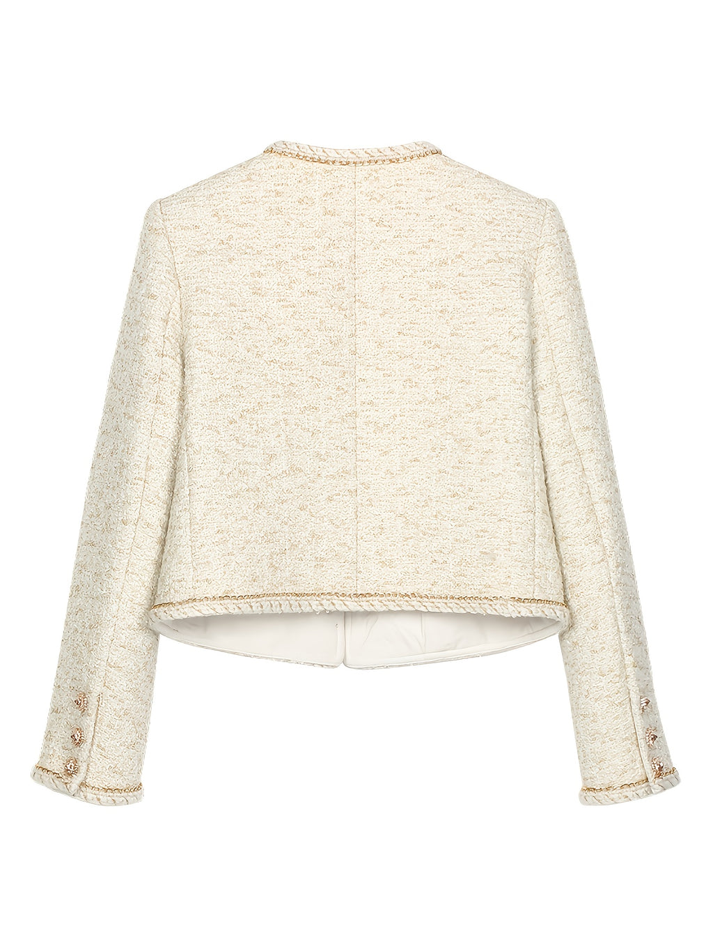 Heavy Industry Three-dimensional Golden Chain Round Neck Jacket Milk White Lady Short Top Fashionable Versatile Jacket 25189