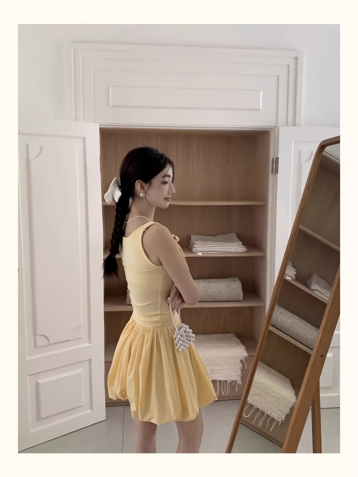 Women's Mustard Yellow Sweet Summer Dress - Off-Shoulder Spaghetti Strap A-Line Flared Skirt with Bow Accents, Lightweight Semi-Sheer Machine Washable Casual to Semi-Formal Outfit, Offshoulder Fashion, Flowy Texture, Delicate Fabric