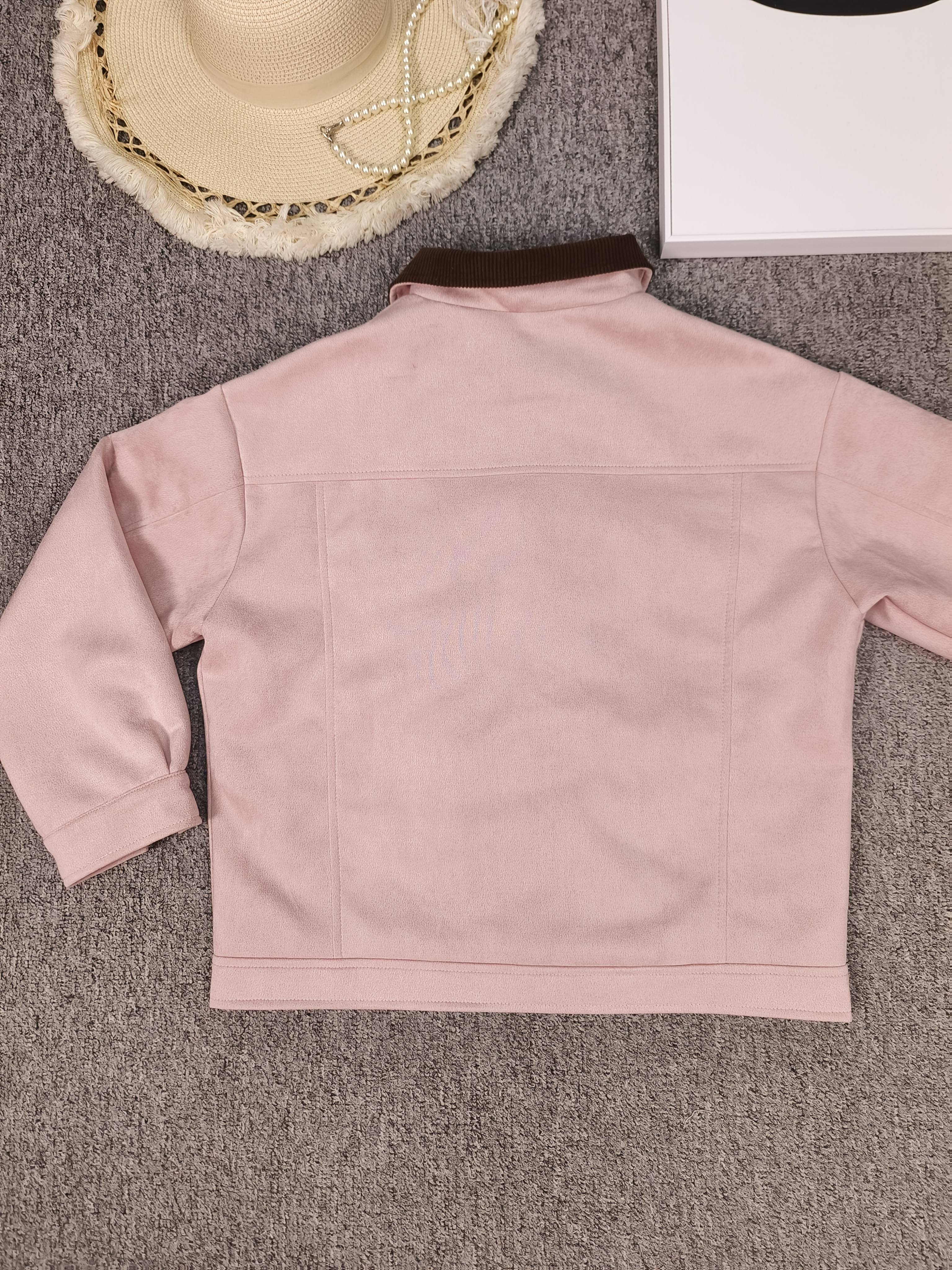 Pink Women's Casual Cargo Jacket - Loose Fit, Button-Up with Collar, Long Sleeve Outerwear for Spring & Fall, Retro Style, Polyester Material, Spring Jacket | Preppy Look | Golden Button Details