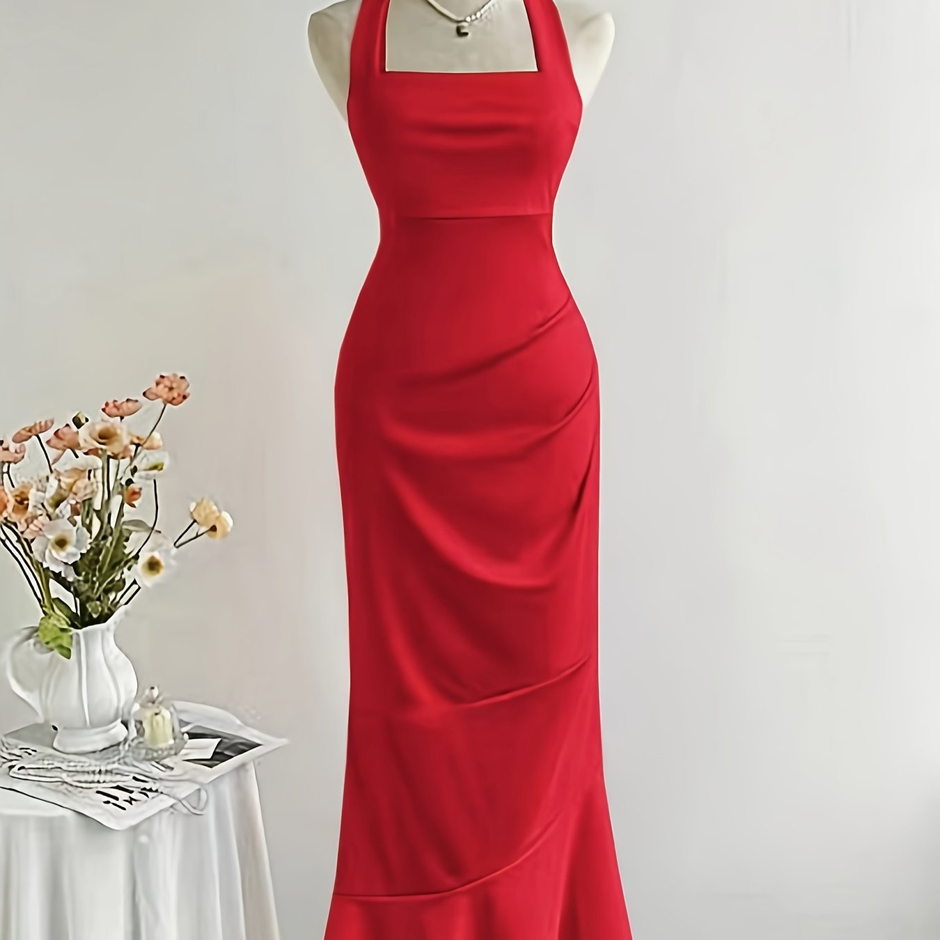 Women's Elegant Halter Neck Mermaid Dress with Ruched Waist & Back Tie Detail - Solid Color Fitted Silhouette, Medium Stretch, Machine Washable for Spring Summer Fall, Cocktail Attire, Stretchy Fabric, Trendy Outfit