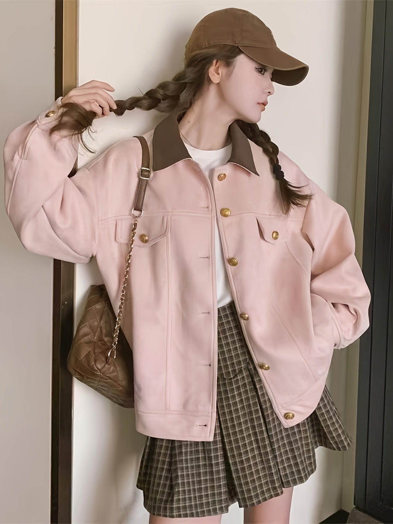 Pink Women's Casual Cargo Jacket - Loose Fit, Button-Up with Collar, Long Sleeve Outerwear for Spring & Fall, Retro Style, Polyester Material, Spring Jacket | Preppy Look | Golden Button Details