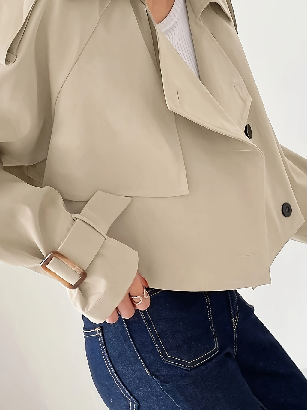 Women'S Chic Beige Double-Breasted Short Jacket with Puff Sleeves & Adjustable Cuffs - Casual Spring\u002FFall Outerwear, Button-Up Front, Solid Color, Spring Outerwear, Structured Design, Durable Fabric