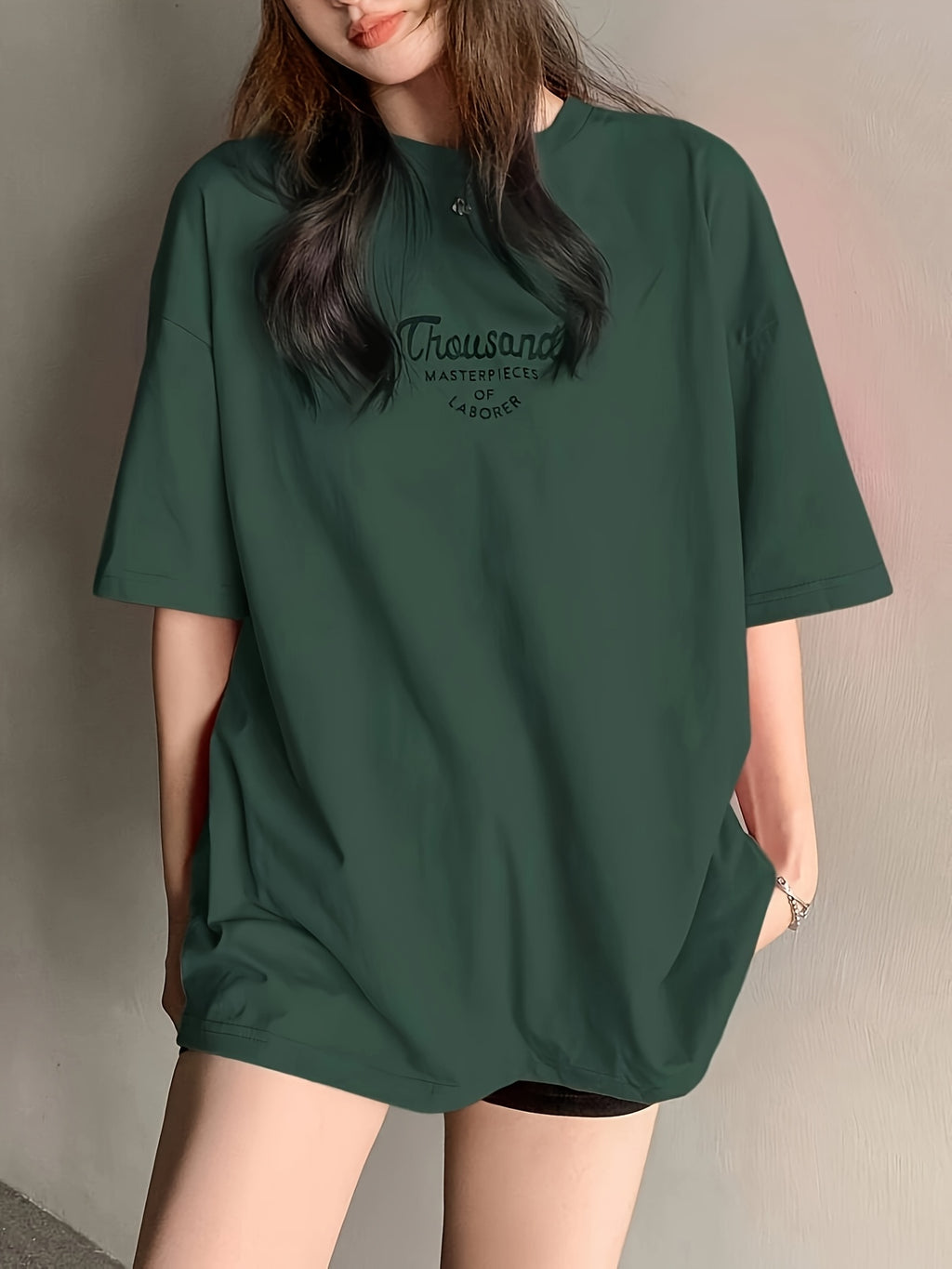 Plus Size - Women'S Casual Oversized T-Shirt - Short Sleeve, Round Neck, Stretchy Polyester Blend, Loose Fit, Green with \