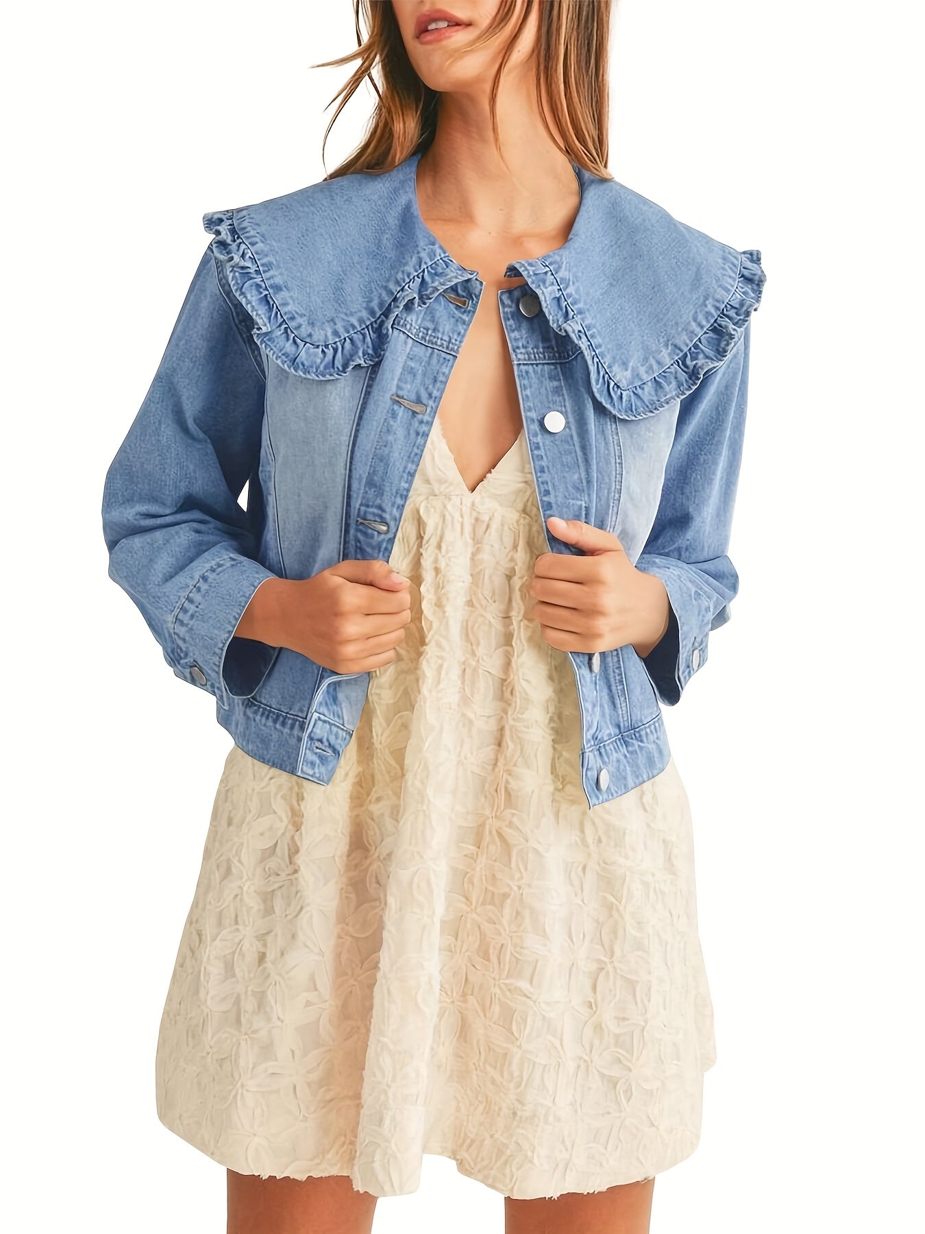Casual Denim Jacket Denim Women's Casual Loose Fit Jean Jacket with Pockets and Peter Pan Collar