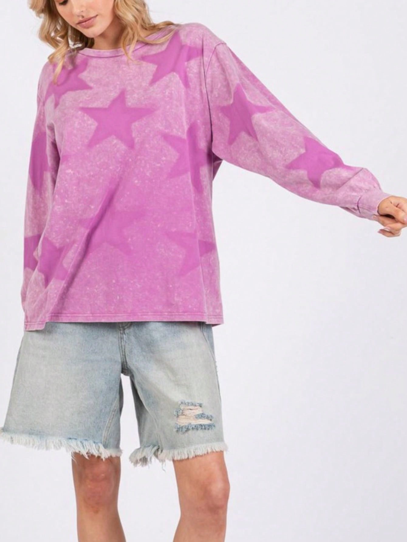 Womens Casual Streetwear Chic Oversized Star Print Sweatshirt Long Sleeve Pullover Pink Washed Vintage Effect Round Neck Relaxed Fit Fall Winter Weekend Top