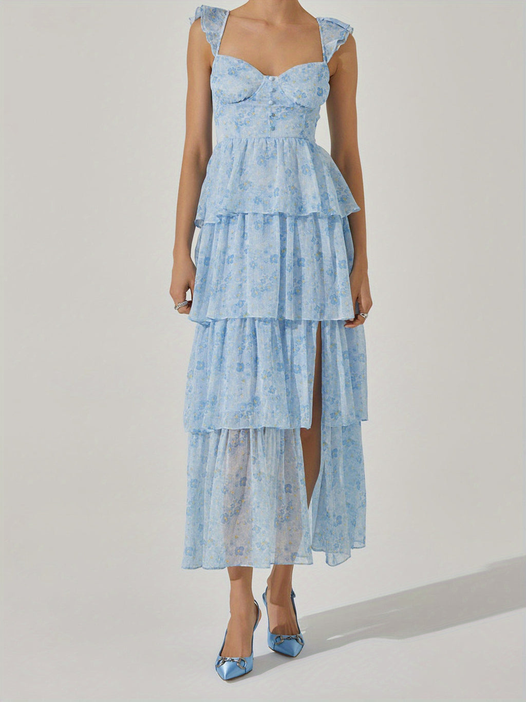 Women'S Floral Dress Stylish Multi-Layered Ruffles Split Cap Sleeve Long A-Line Dress for Spring Summer