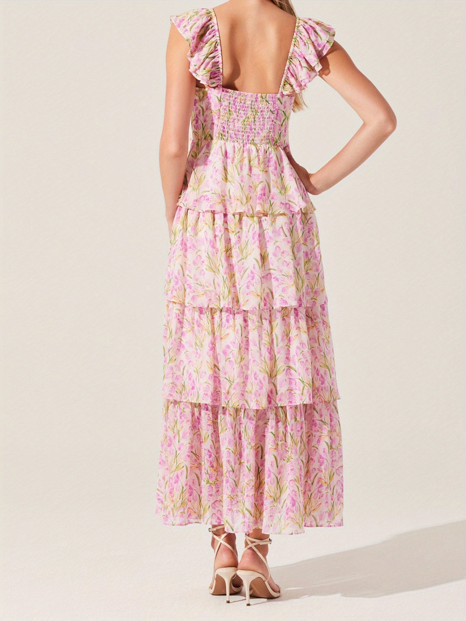 Women'S Floral Dress Stylish Multi-Layered Ruffles Split Cap Sleeve Long A-Line Dress for Spring Summer