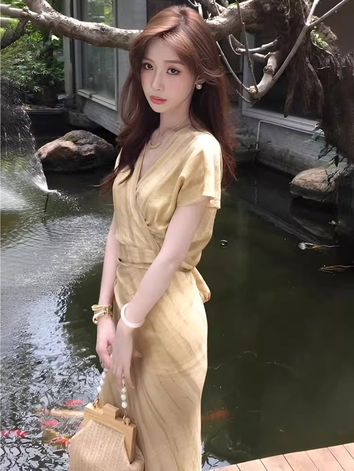 Elegant French-Inspired V-Neck Maxi Dress with Tie-Back Detail - Chic Beige Ruched Waist, Short Sleeves, Perfect for Summer 2025, Casual to Formal Wear, Casual Summer Dress | Tieback Detail Dress | Ruched Waist Design