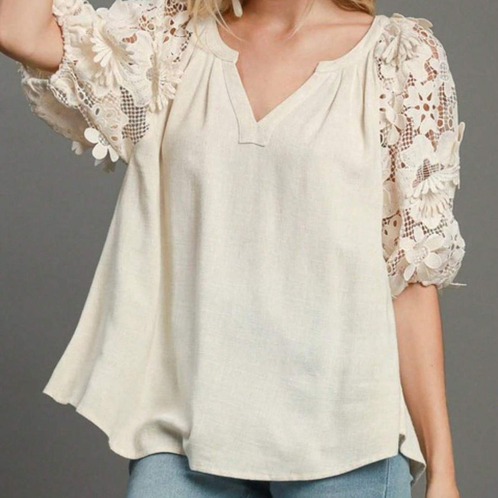 Womens Casual Bohemian Chic Floral Lace Sleeve Peasant Blouse Loose Fit V Neck Top With Delicate Crochet Detail Puff Sleeves Flowing Romantic Spring Summer Date Night Top
